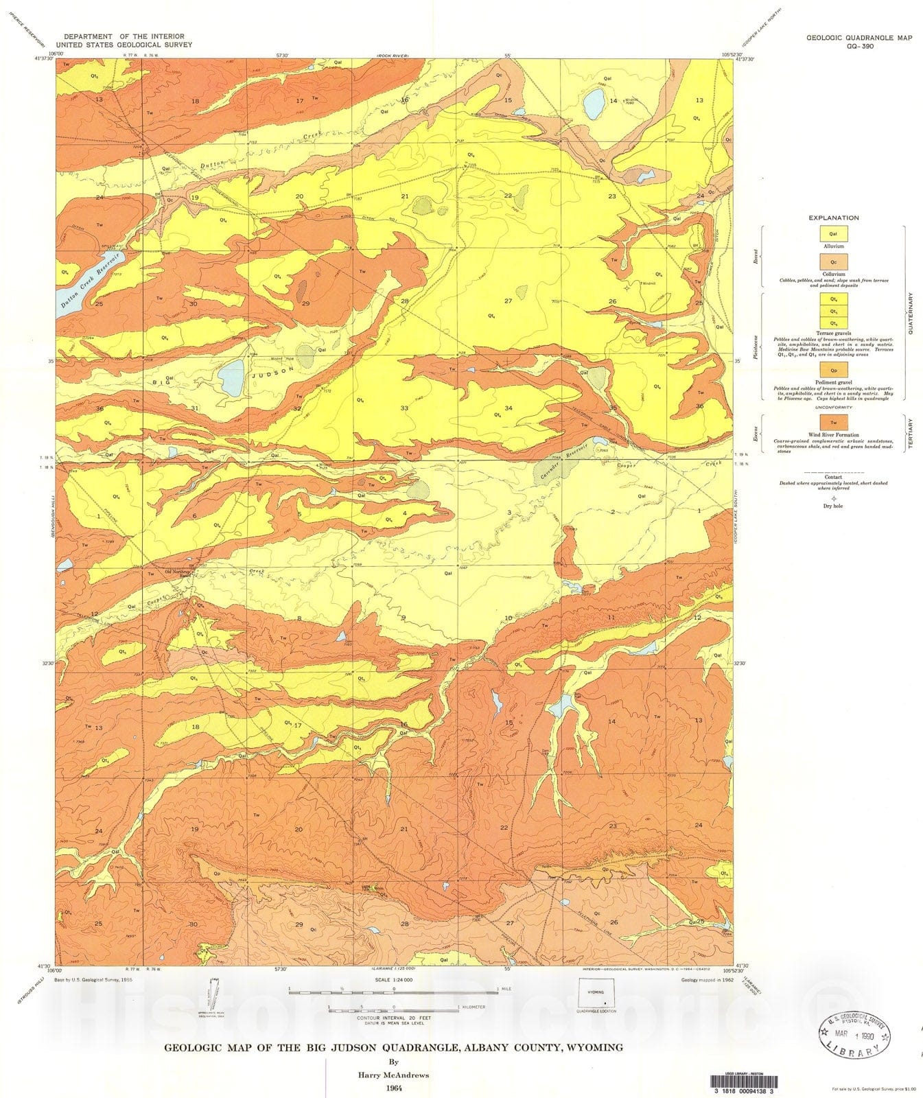 Map : Geologic map of the Big Judson quadrangle, Albany County, Wyoming, 1964 Cartography Wall Art :