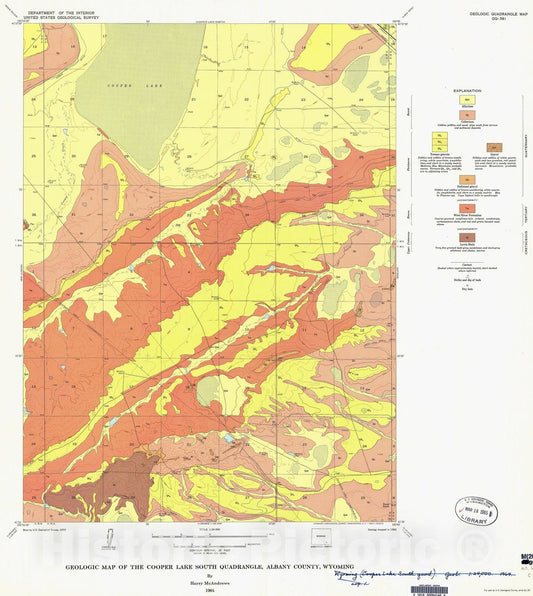 Map : Geologic map of the Cooper Lake South quadrangle, Albany County, Wyoming, 1964 Cartography Wall Art :