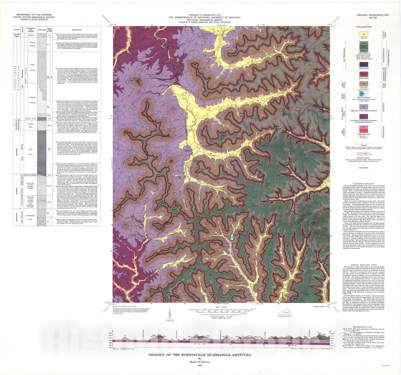 Map : Geology of the Burtonville quadrangle, Kentucky, 1965 Cartography Wall Art :