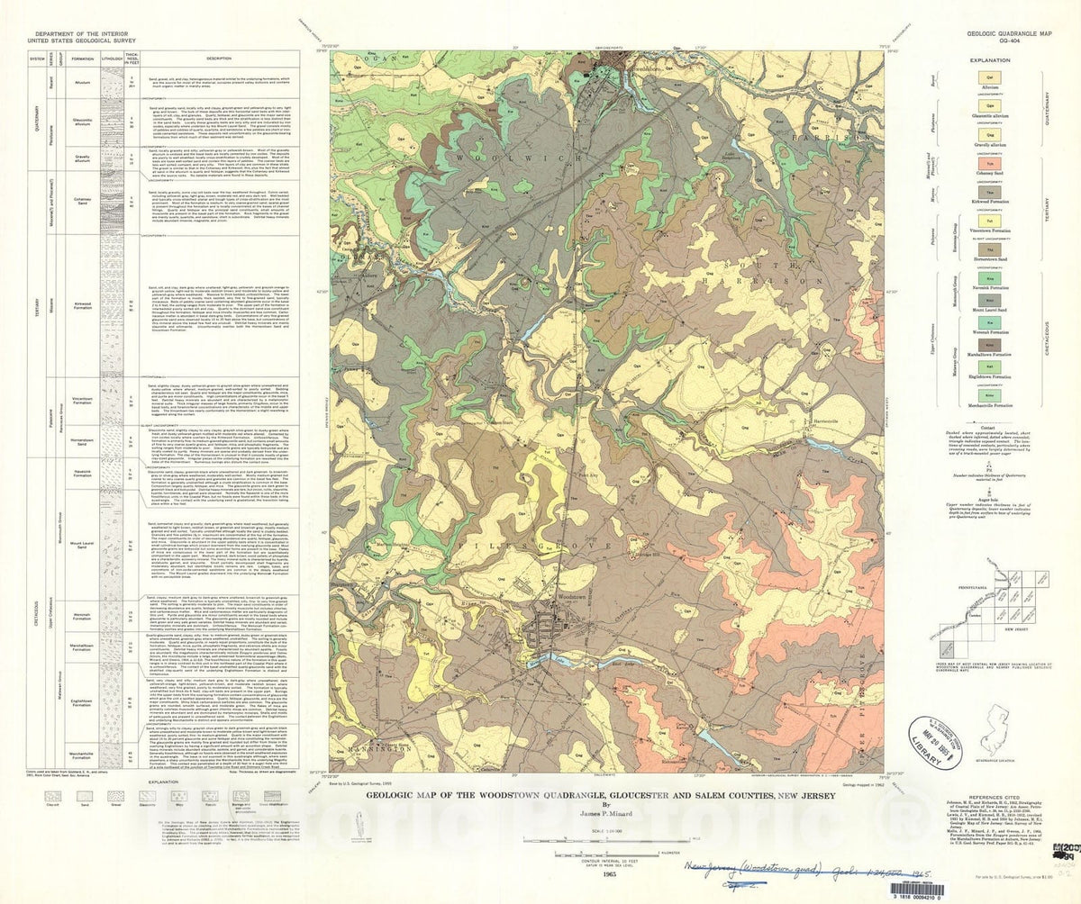 Map : Geologic map of the Woodstown quadrangle, Gloucester and Salem Counties, New Jersey, 1965 Cartography Wall Art :