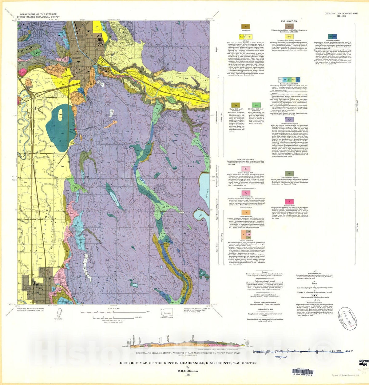 Map : Geologic map of the Renton quadrangle, King County, Washington, 1965 Cartography Wall Art :