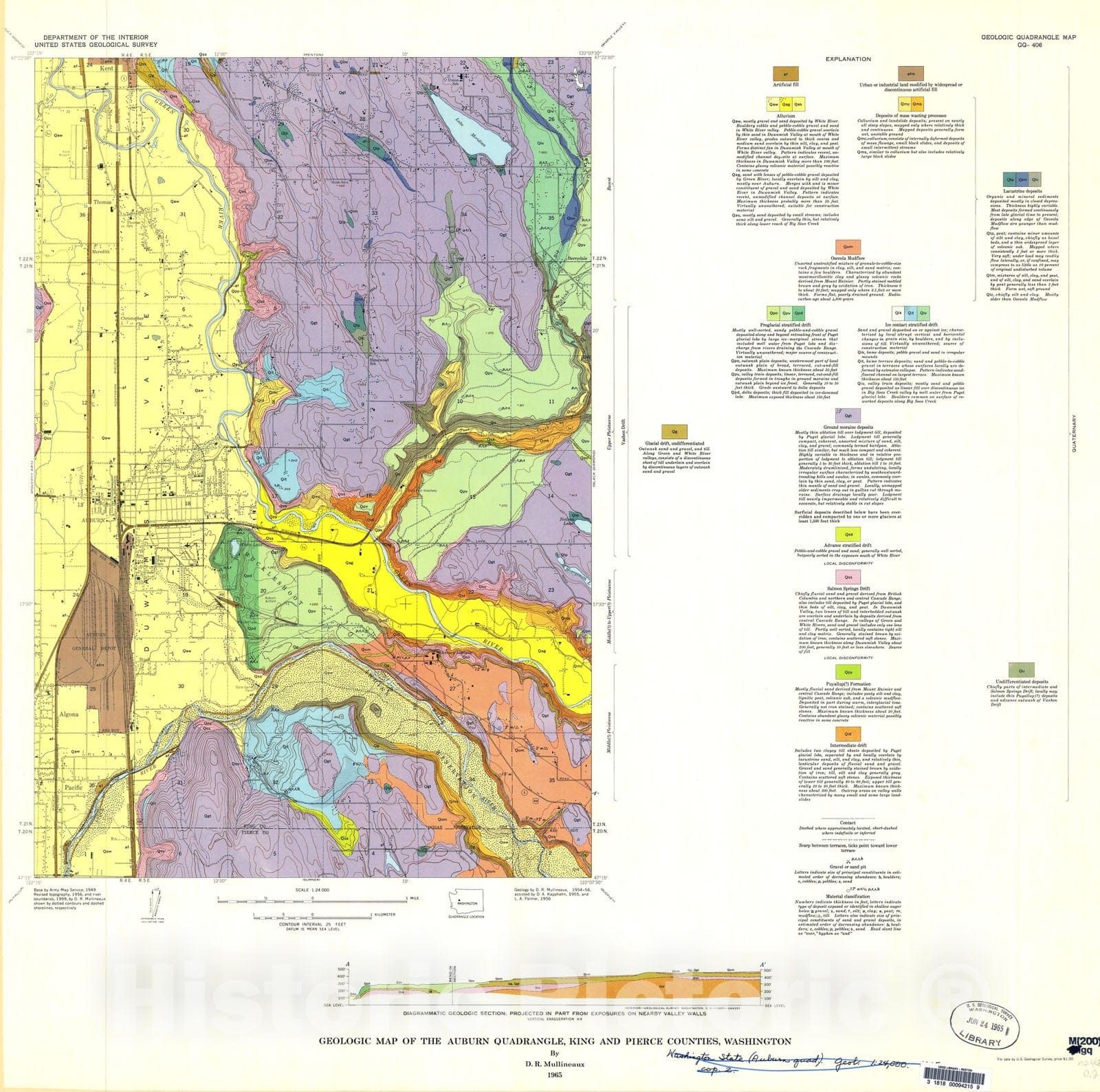 Map : Geologic map of the Auburn quadrangle, King and Pierce Counties, Washington, 1965 Cartography Wall Art :