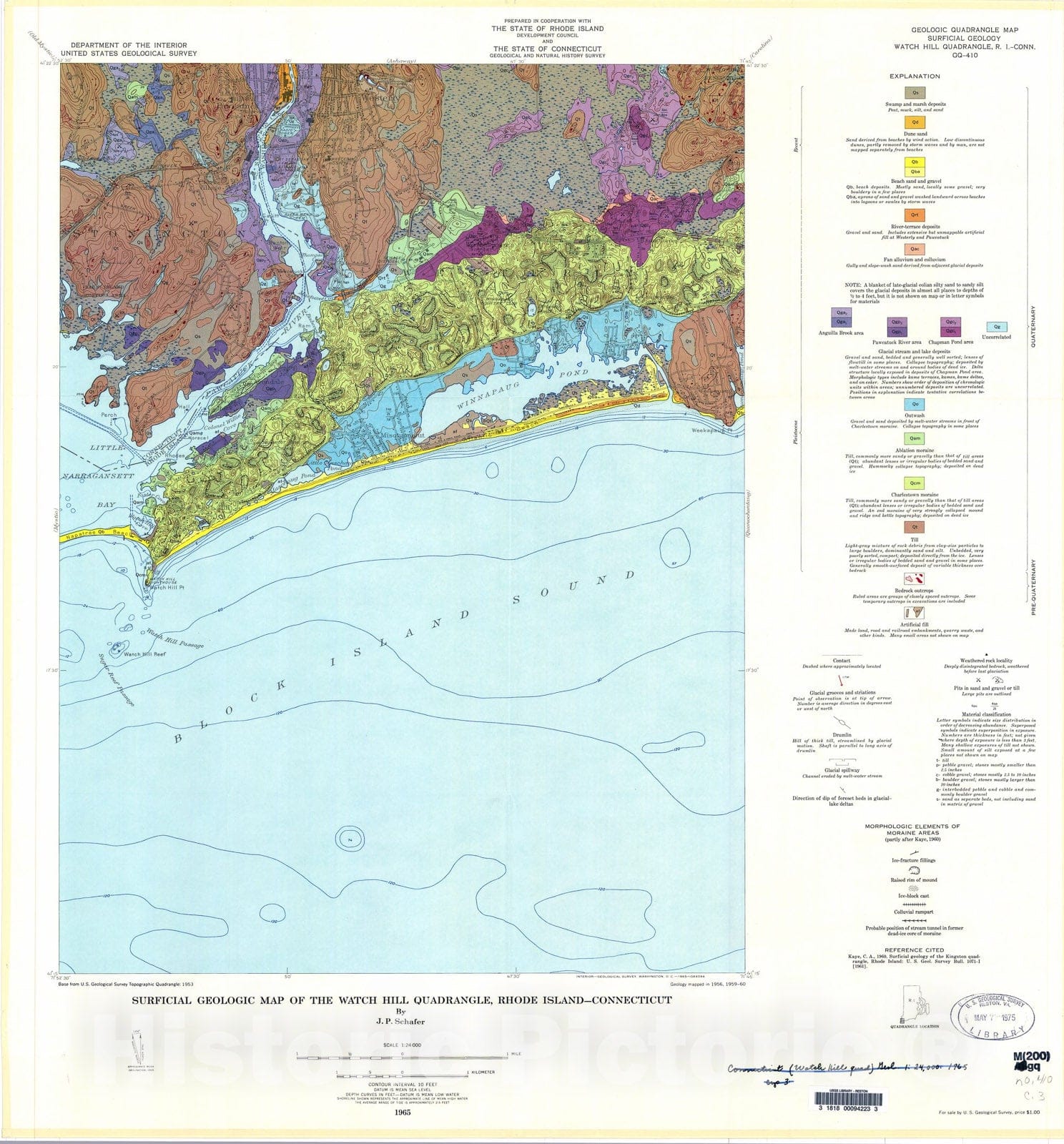 Map : Surficial geologic map of the Watch Hill quadrangle, Rhode Island-Connecticut, 1965 Cartography Wall Art :