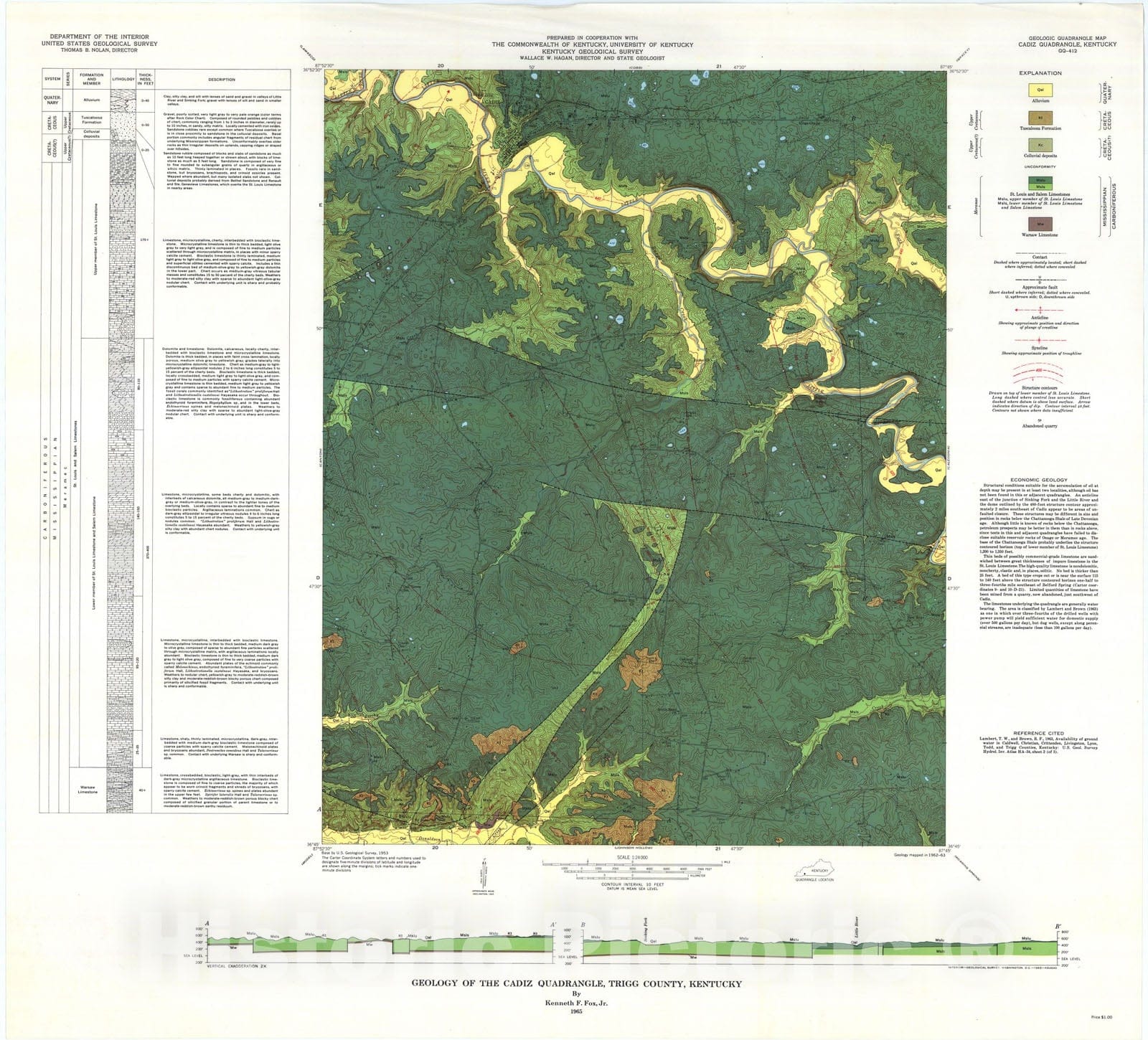 Map : Geology of the Cadiz quadrangle, Trigg County, Kentucky, 1965 Cartography Wall Art :