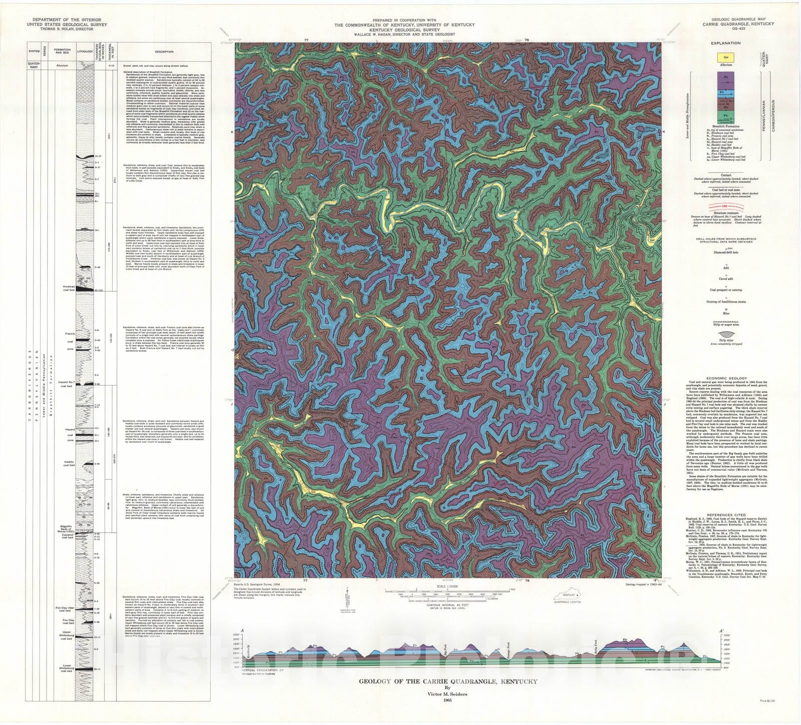 Map : Geology of the Carrie quadrangle, Kentucky, 1965 Cartography Wall Art :