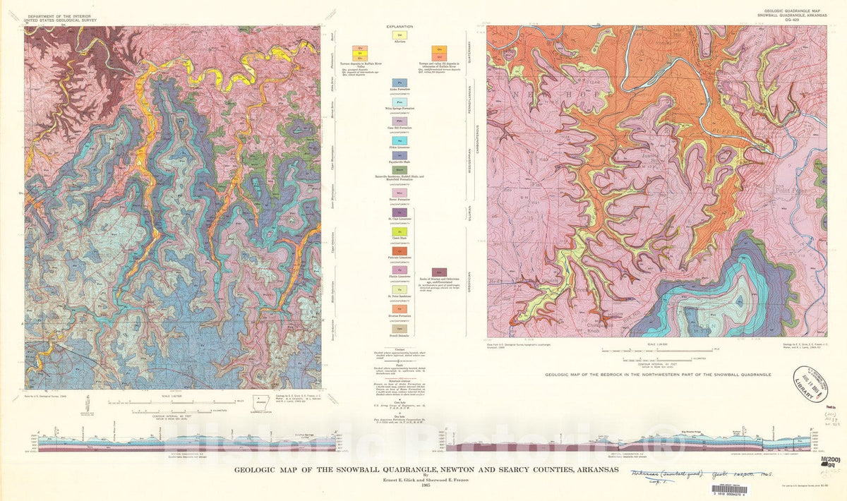 Map : Geologic map of the Snowball quadrangle, Newton and Searcy Counties, Arkansas, 1965 Cartography Wall Art :