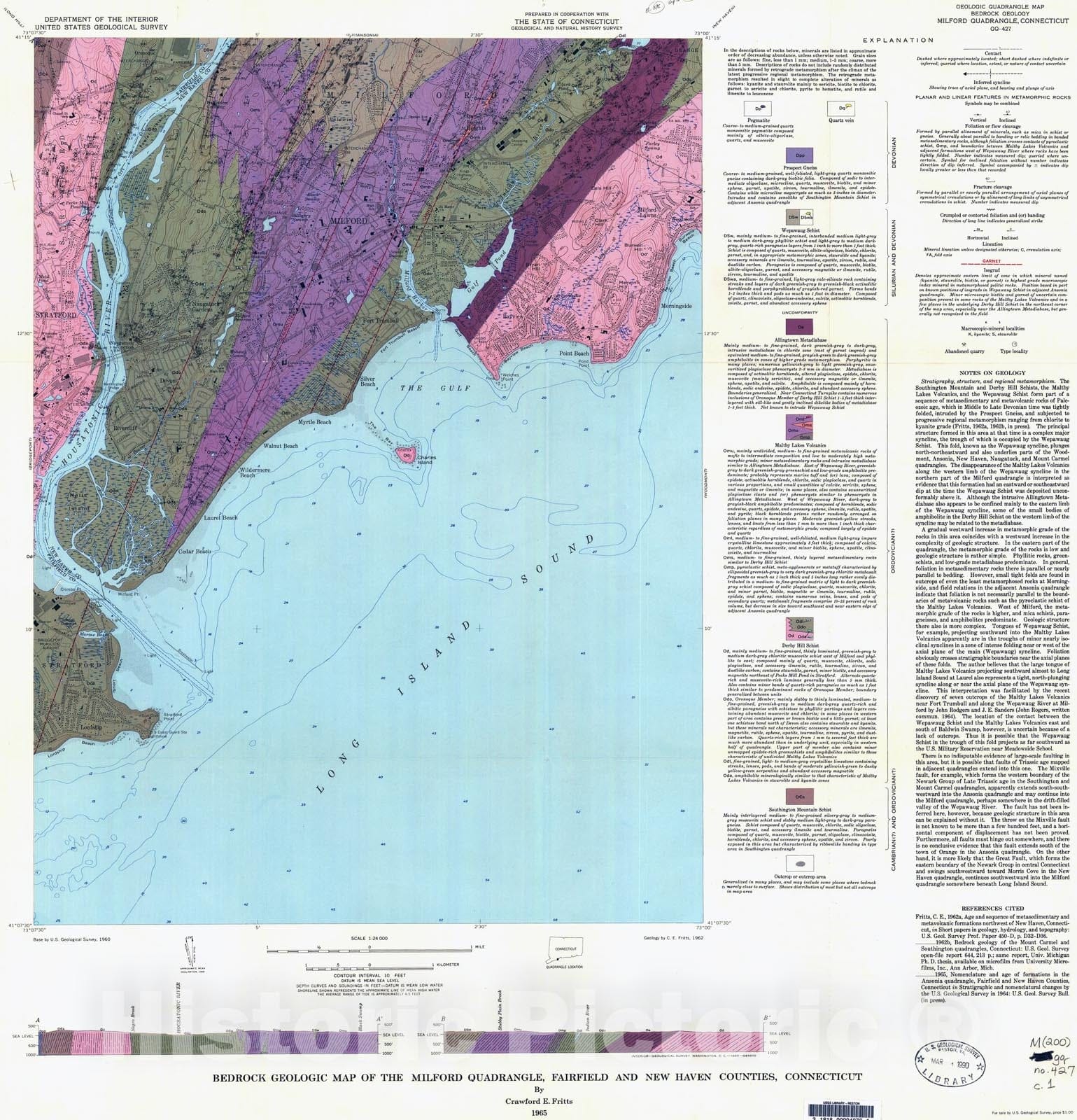 Map : Bedrock geologic map of the Milford quadrangle, Fairfield and New Haven Counties, Connecticut, 1965 Cartography Wall Art :