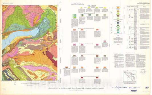 Map : Geologic map of the Bull Lake East quadrangle, Fremont County, Wyoming, 1965 Cartography Wall Art :