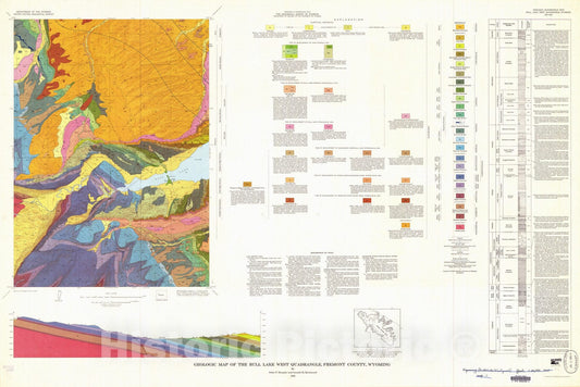 Map : Geologic map of the Bull Lake West quadrangle, Fremont County, Wyoming, 1965 Cartography Wall Art :
