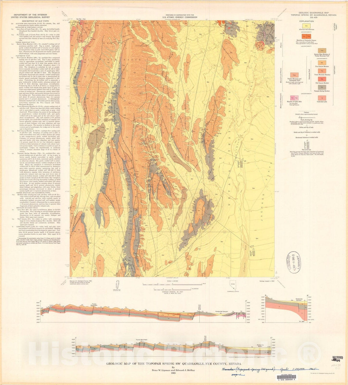 Map : Geologic map of the Topopah Spring SW quadrangle, Nye County, Nevada, 1965 Cartography Wall Art :