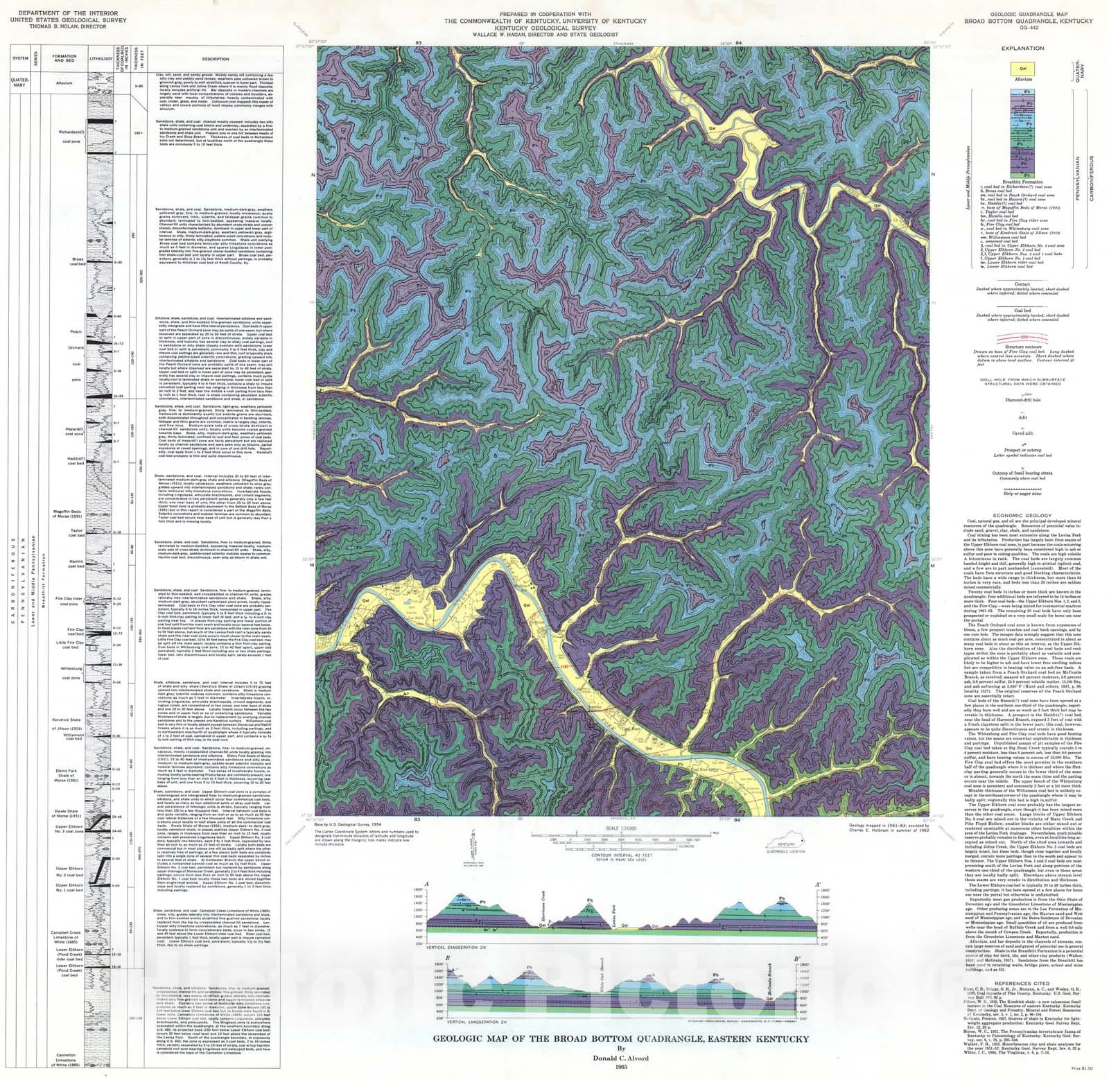 Map : Geologic map of the Broad Bottom quadrangle, eastern Kentucky, 1965 Cartography Wall Art :