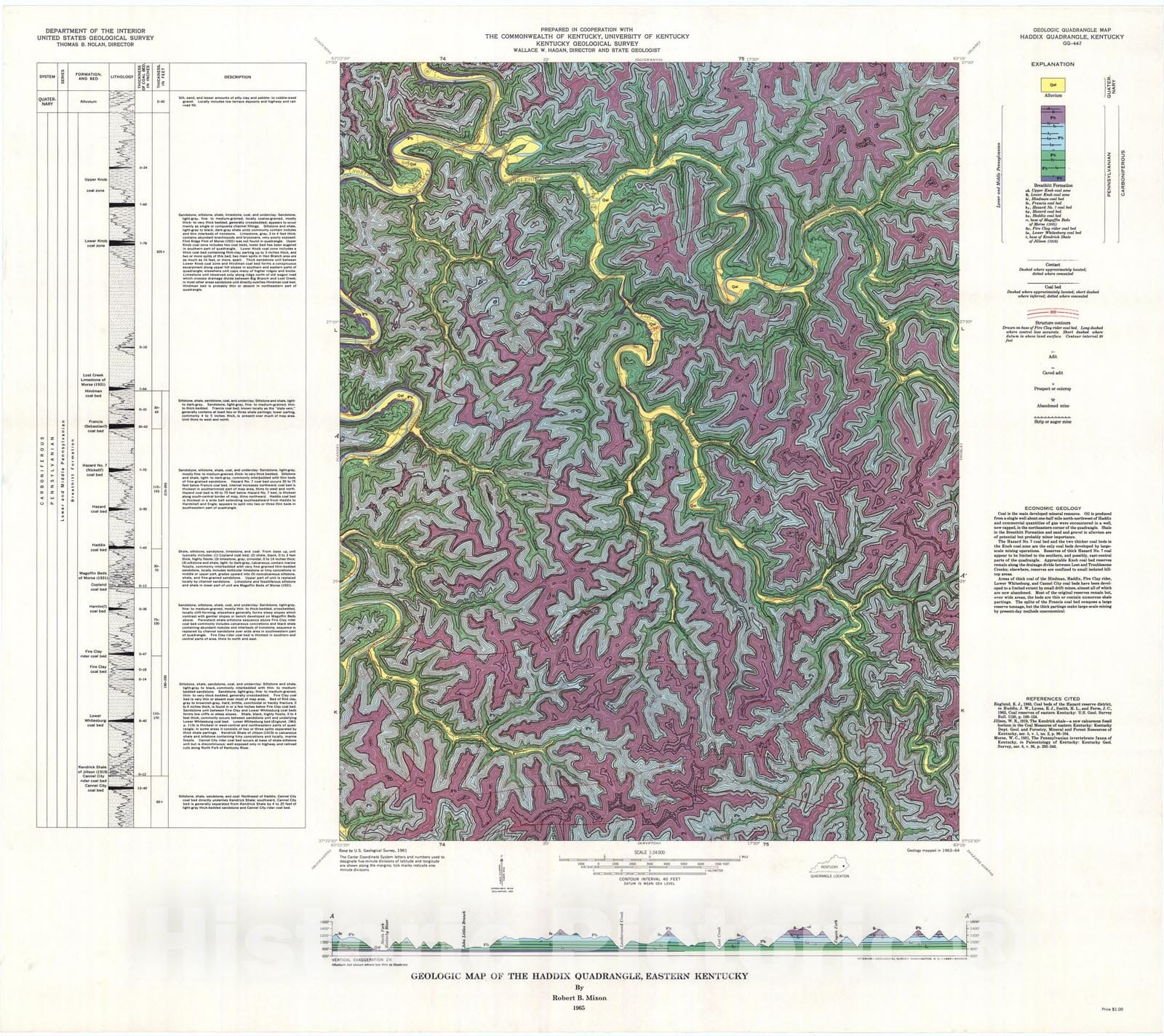 Map : Geologic map of the Haddix quadrangle, eastern Kentucky, 1965 Cartography Wall Art :