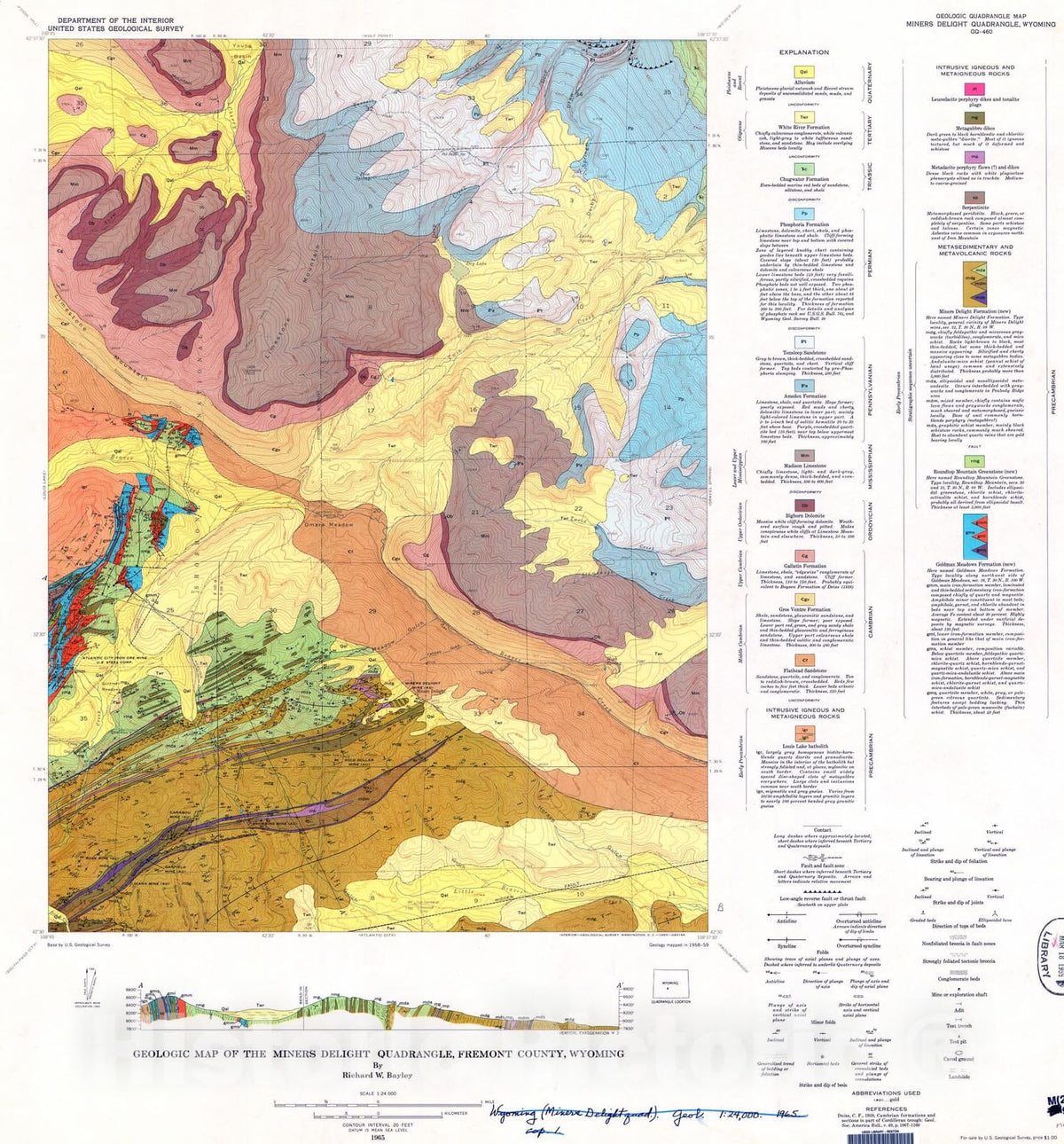 Map : Geologic map of the Miners Delight quadrangle, Fremont County, Wyoming, 1965 Cartography Wall Art :