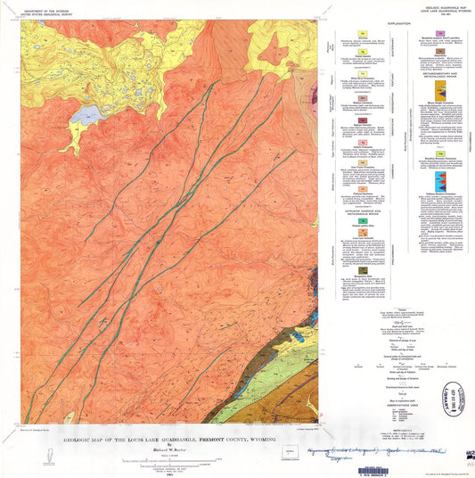 Map : Geologic map of the Louis Lake quadrangle, Fremont County, Wyoming, 1965 Cartography Wall Art :