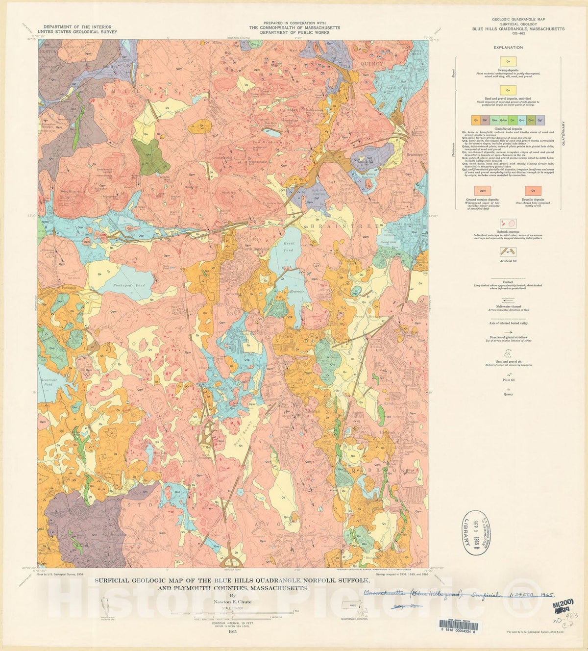 Map : Surficial geologic map of the Blue Hills quadrangle, Norfolk, Suffolk, and Plymouth Counties, Massachusetts, 1965 Cartography Wall Art :