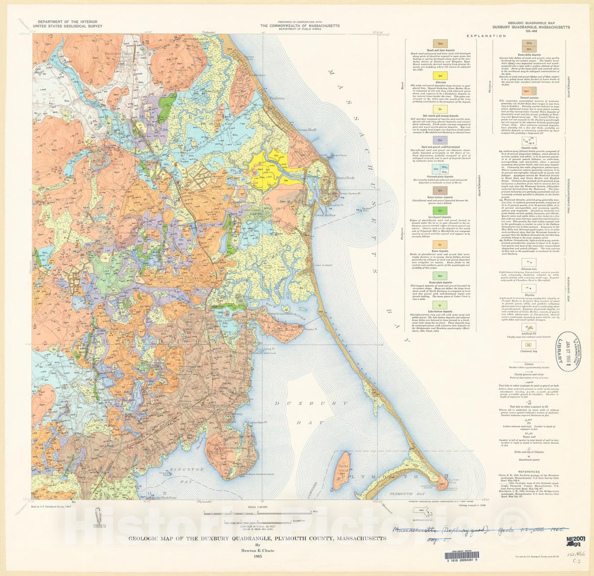 Map : Geologic map of the Duxbury quadrangle, Plymouth County, Massachusetts, 1965 Cartography Wall Art :