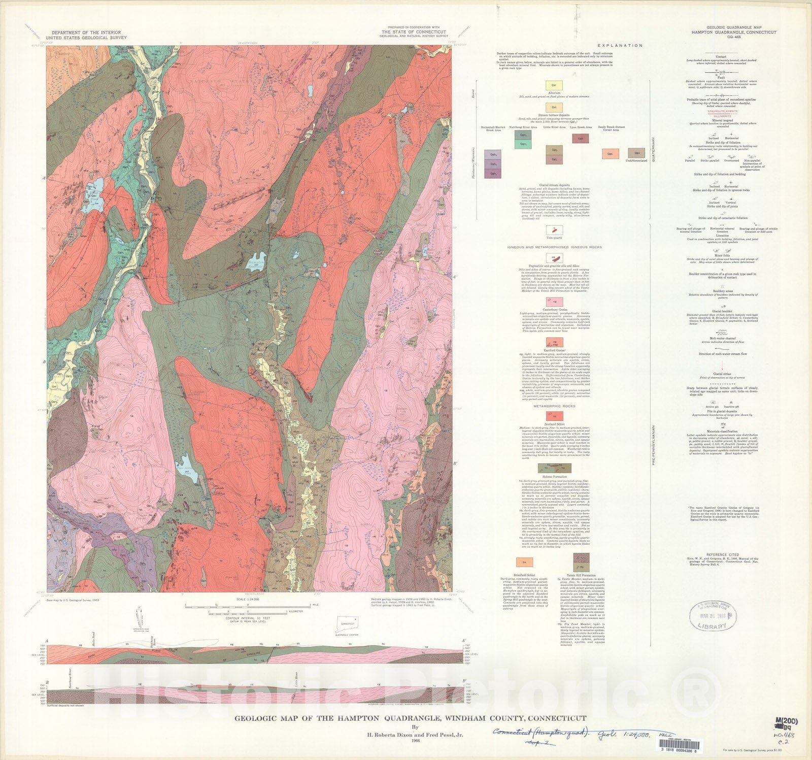 Map : Geologic map of the Hampton quadrangle, Windham County, Connecticut, 1966 Cartography Wall Art :