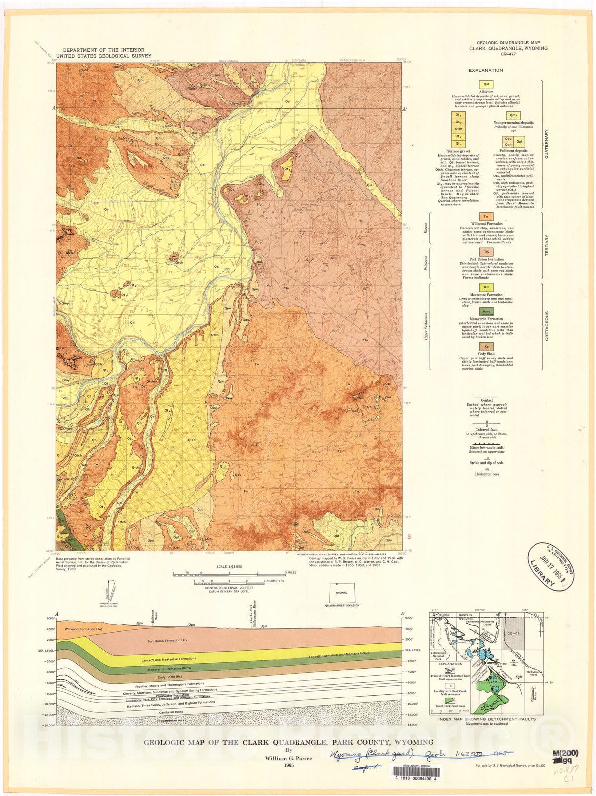 Map : Geologic map of the Clark quadrangle, Park County, Wyoming, 1965 Cartography Wall Art :