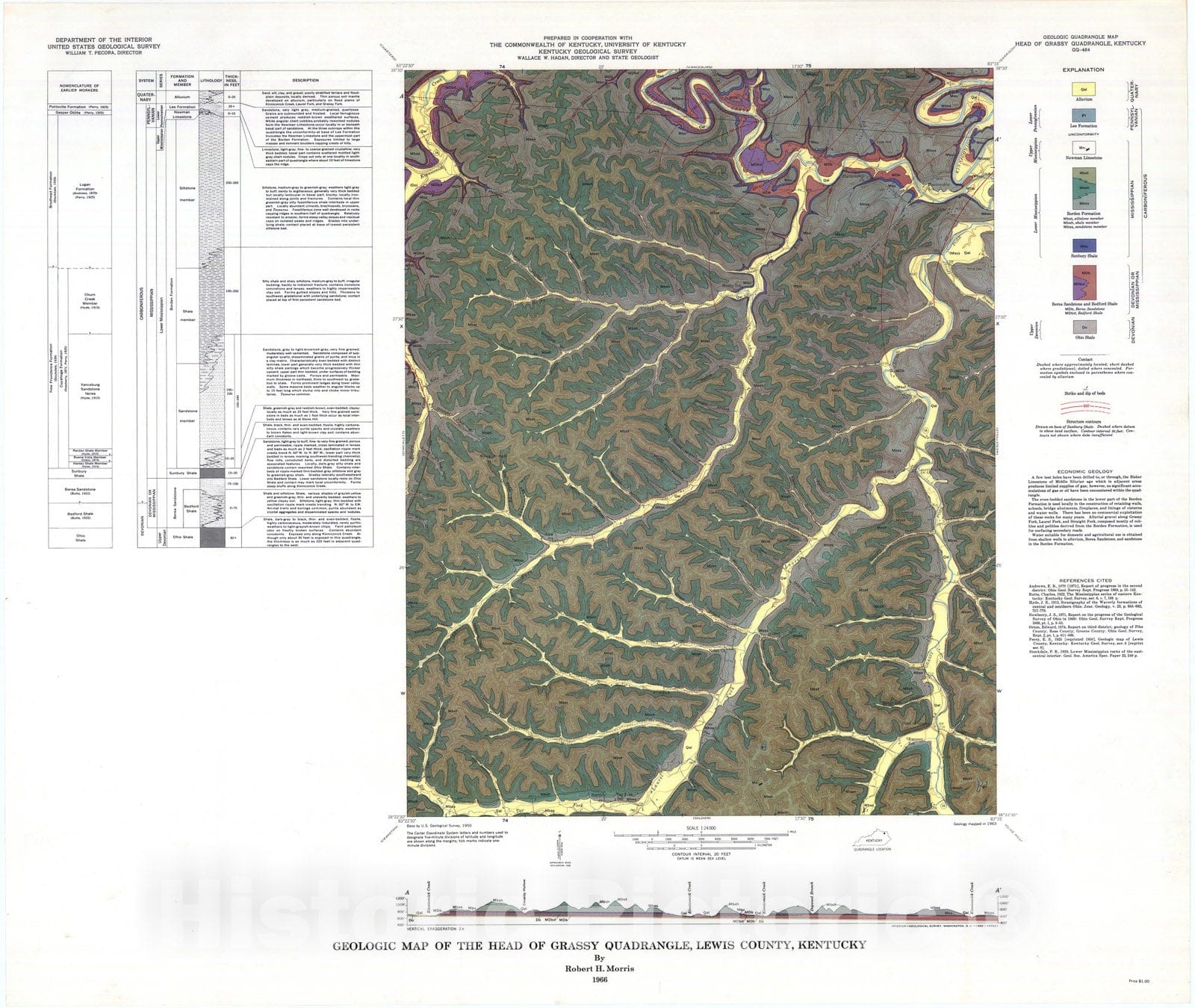 Map : Geologic map of the Head of Grassy quadrangle, Lewis County, Kentucky, 1966 Cartography Wall Art :