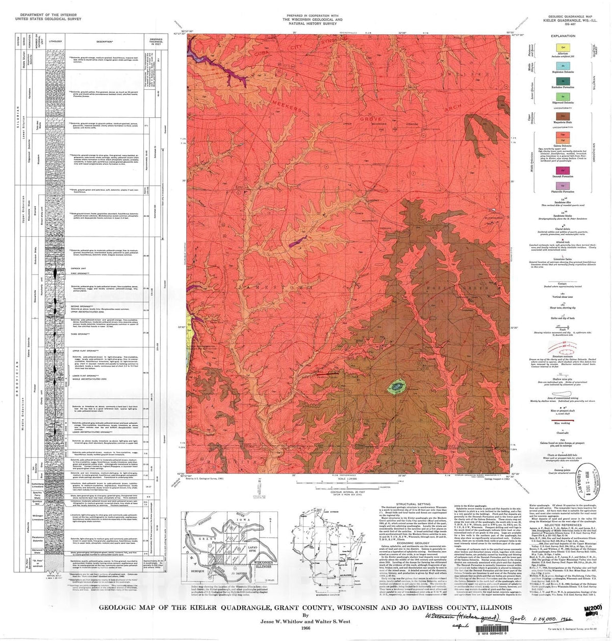 Map : Geologic map of the Kieler quadrangle, Grant County, Wisconsin and Jo Daviess County, Illinois, 1966 Cartography Wall Art :