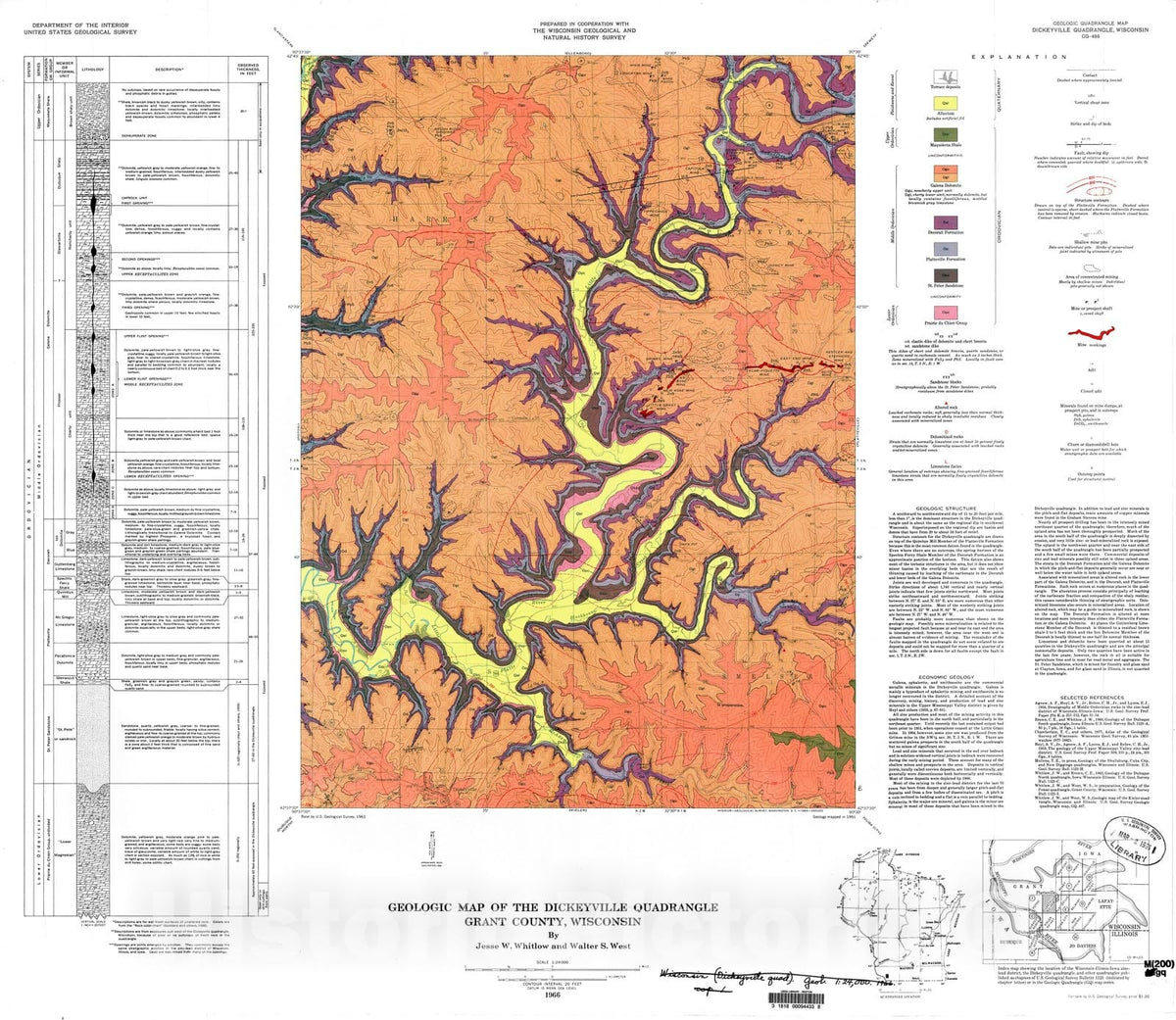 Map : Geologic map of the Dickeyville quadrangle, Grant County, Wisconsin, 1966 Cartography Wall Art :