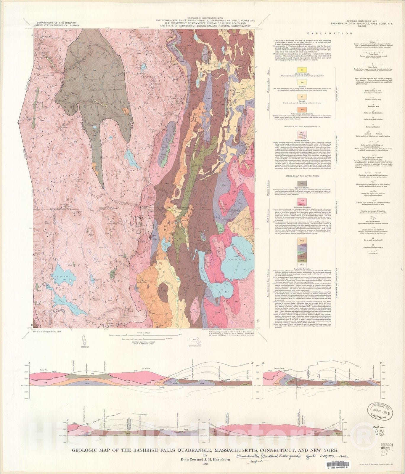 Map : Geologic map of the Bashbish Falls quadrangle, Massachusetts, Connecticut, and New York, 1966 Cartography Wall Art :