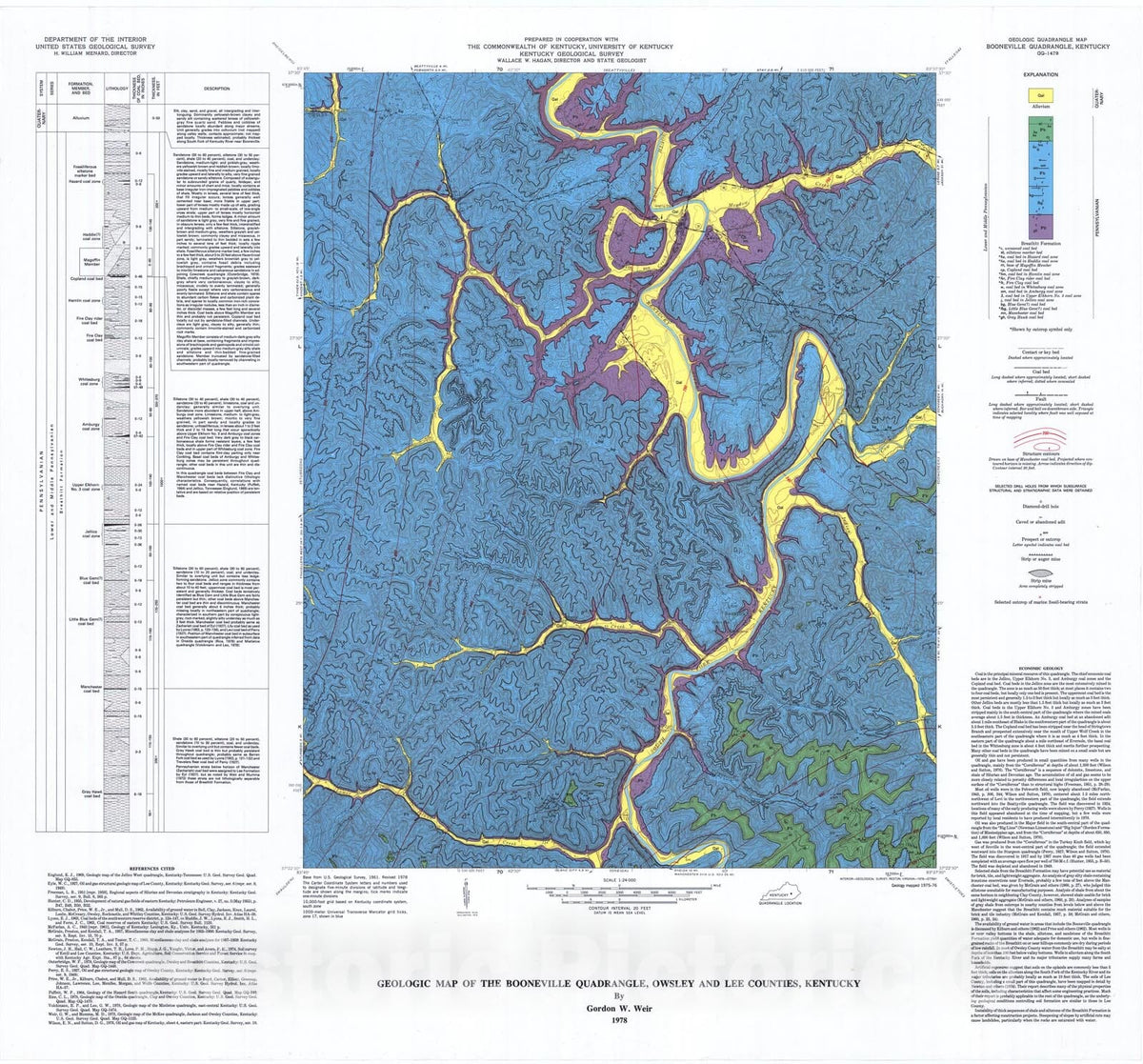 Map : Geologic map of the Booneville quadrangle, Owsley and Lee Counties, Kentucky, 1978 Cartography Wall Art :