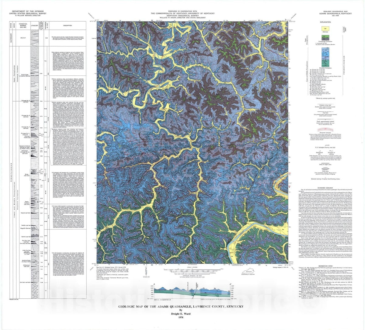 Map : Geologic map of the Adams quadrangle, Lawrence County, Kentucky, 1978 Cartography Wall Art :