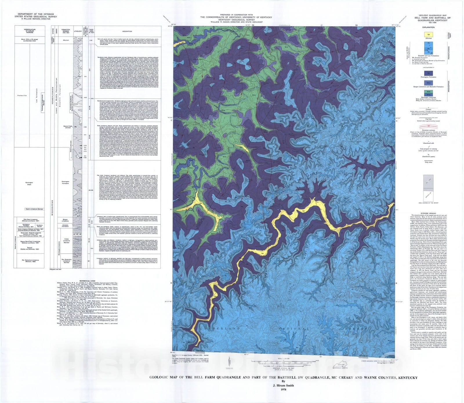 Map : Geologic map of the Bell Farm quadrangle and part of the Barthell SW quadrangle, McCreary and Wayne Counties, Kentucky, 1978 Cartography Wall Art :