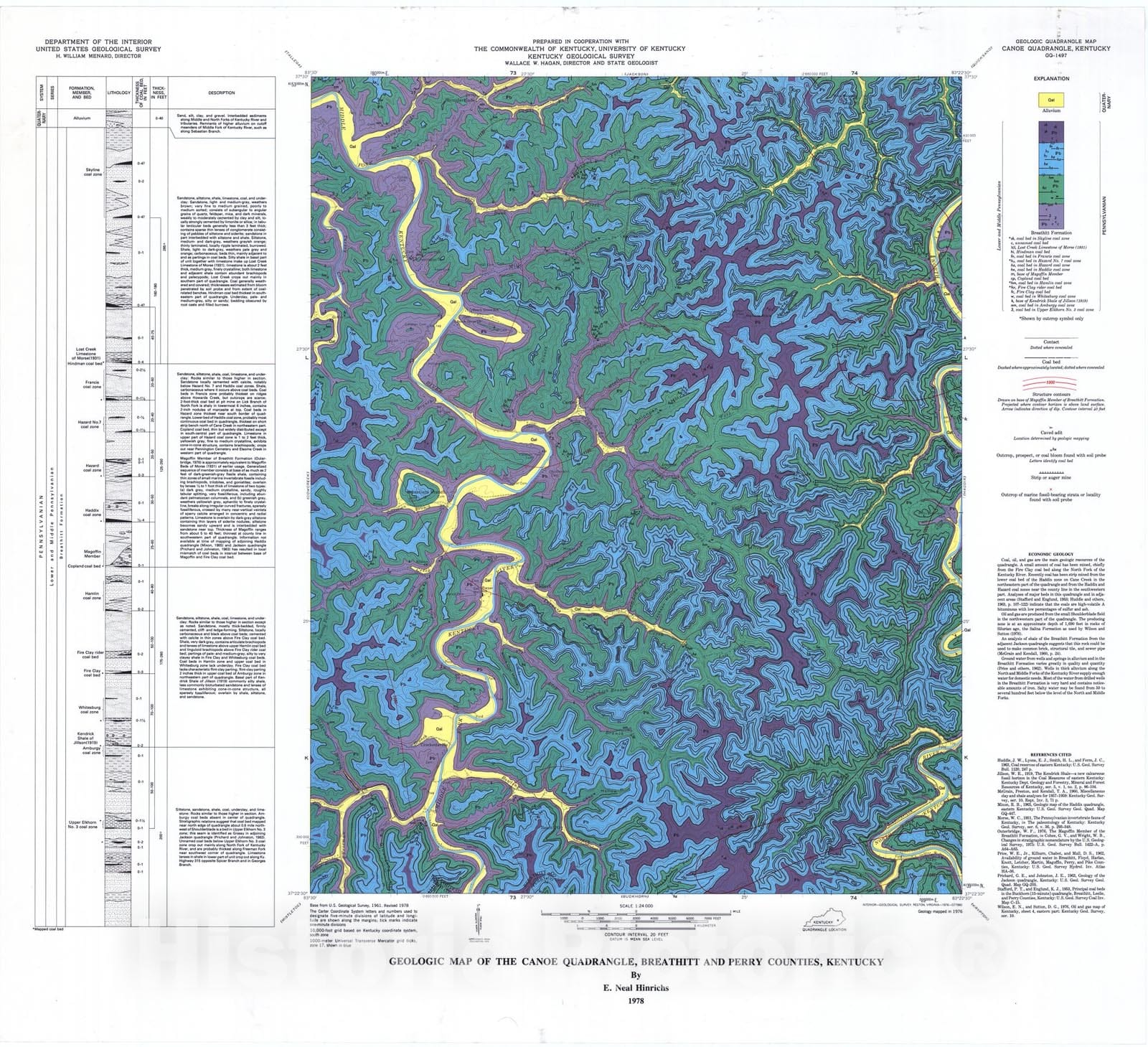 Map : Geologic map of the Canoe quadrangle, Breathitt and Perry Counties, Kentucky, 1978 Cartography Wall Art :