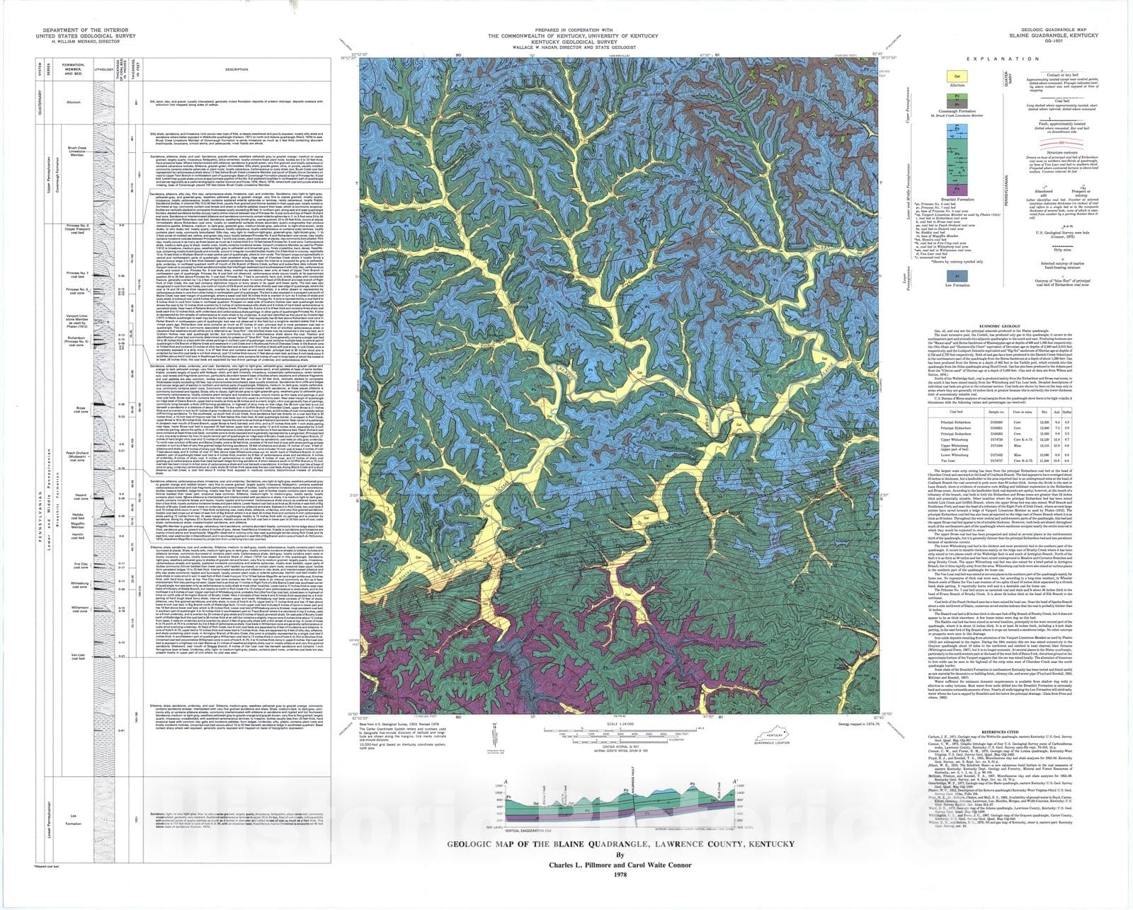 Map : Geologic map of the Blaine quadrangle, Lawrence County, Kentucky, 1978 Cartography Wall Art :