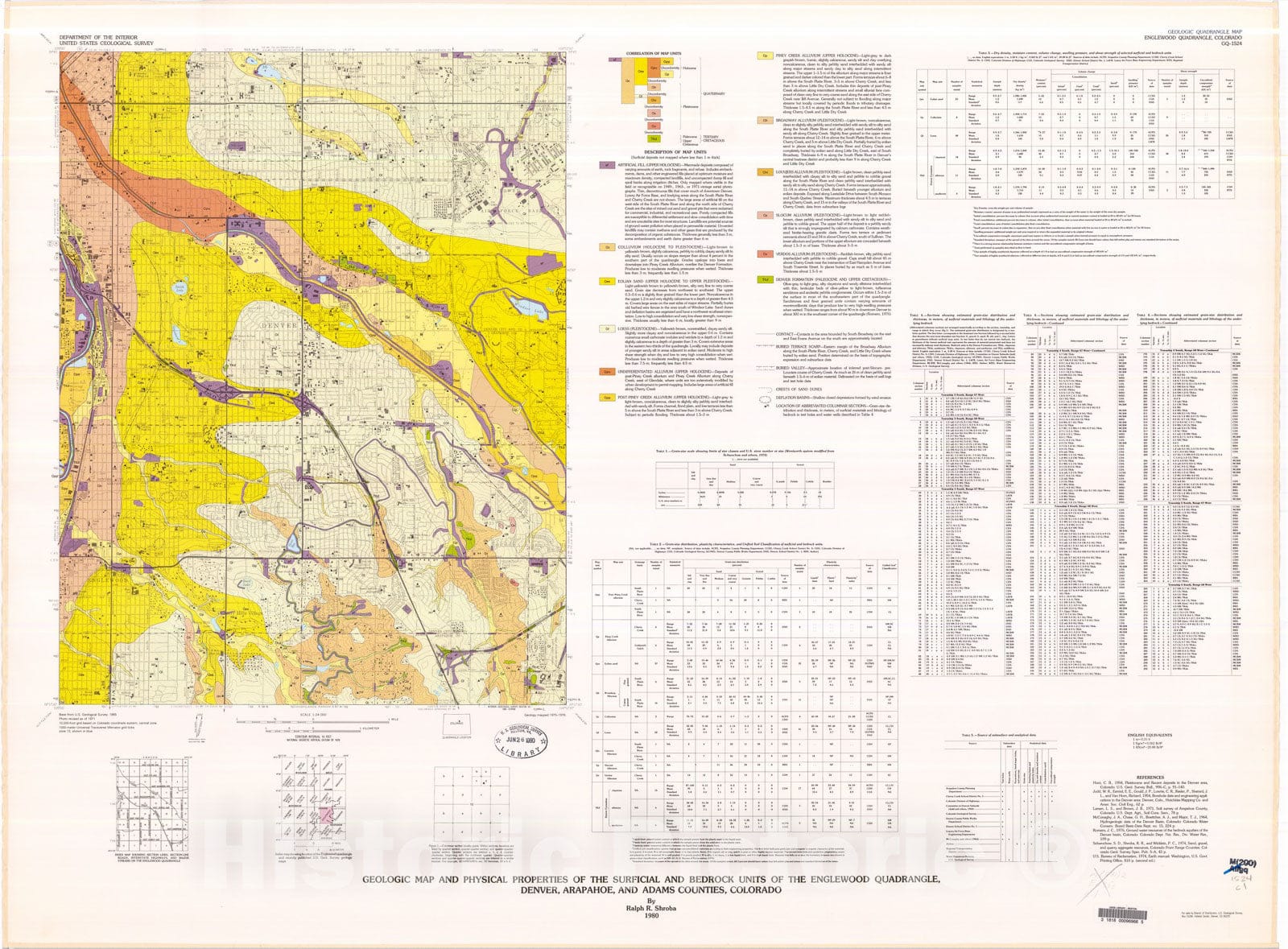Map : Geologic map and physical properties of the surficial and bedrock units of the Englewood quadrangle, Denver, Arapahoe, and Adams Counties, Colorado, 1980 Cartography Wall Art :