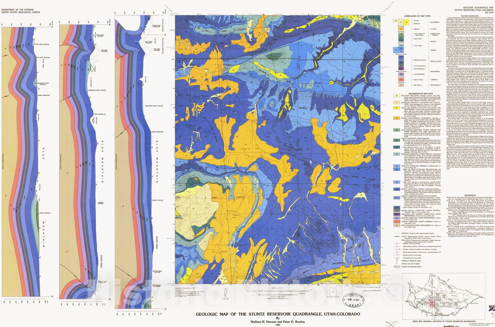 Map : Geologic map of the Stuntz Reservoir quadrangle, Utah-Colorado, 1980 Cartography Wall Art :