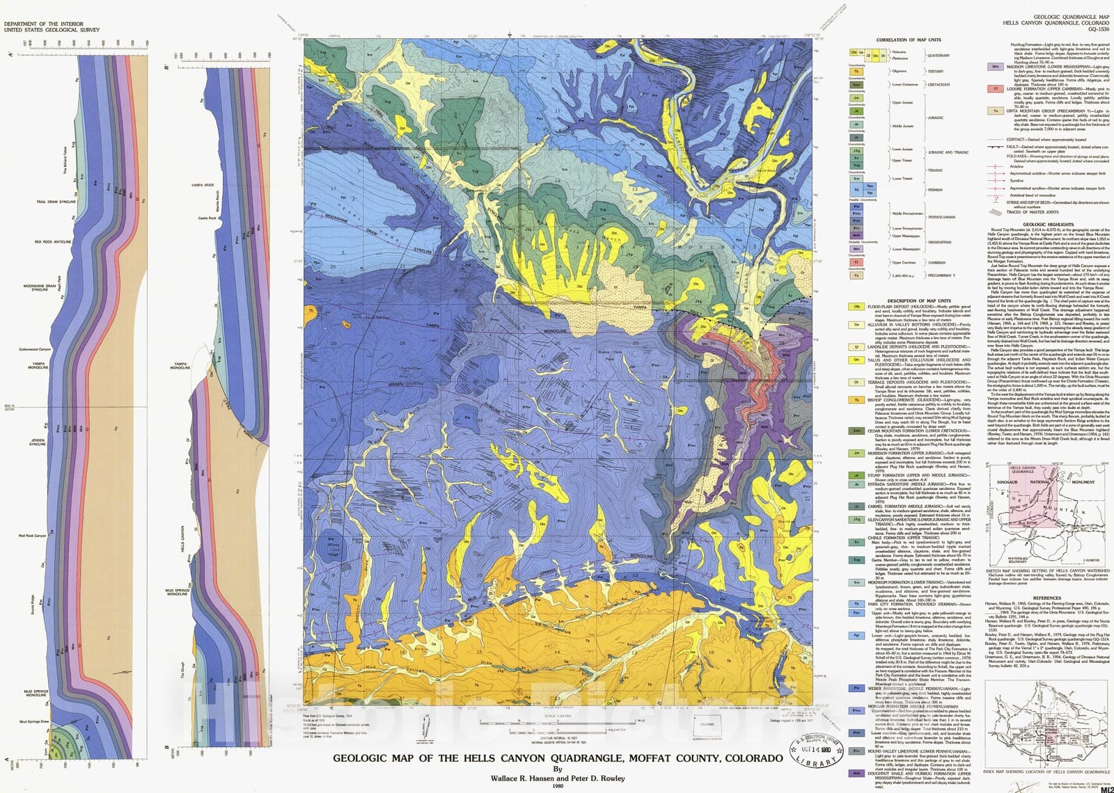 Map : Geologic map of the Hells Canyon quadrangle, Moffat County, Colorado, 1980 Cartography Wall Art :