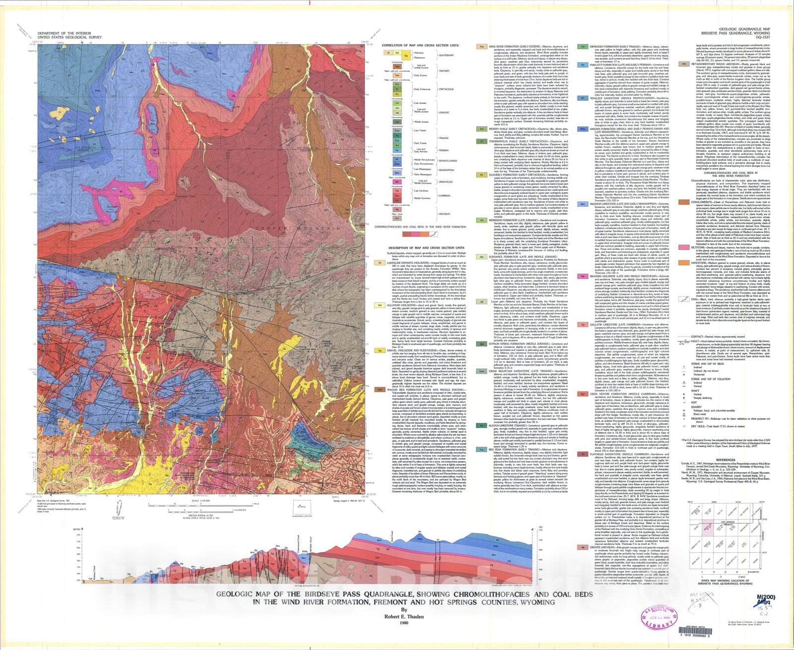 Map : Geologic map of the Birdseye Pass quadrangle, showing chromolithofacies and coal beds in the Wind River Formation, Fremont and Hot, 1980 Cartography Wall Art :