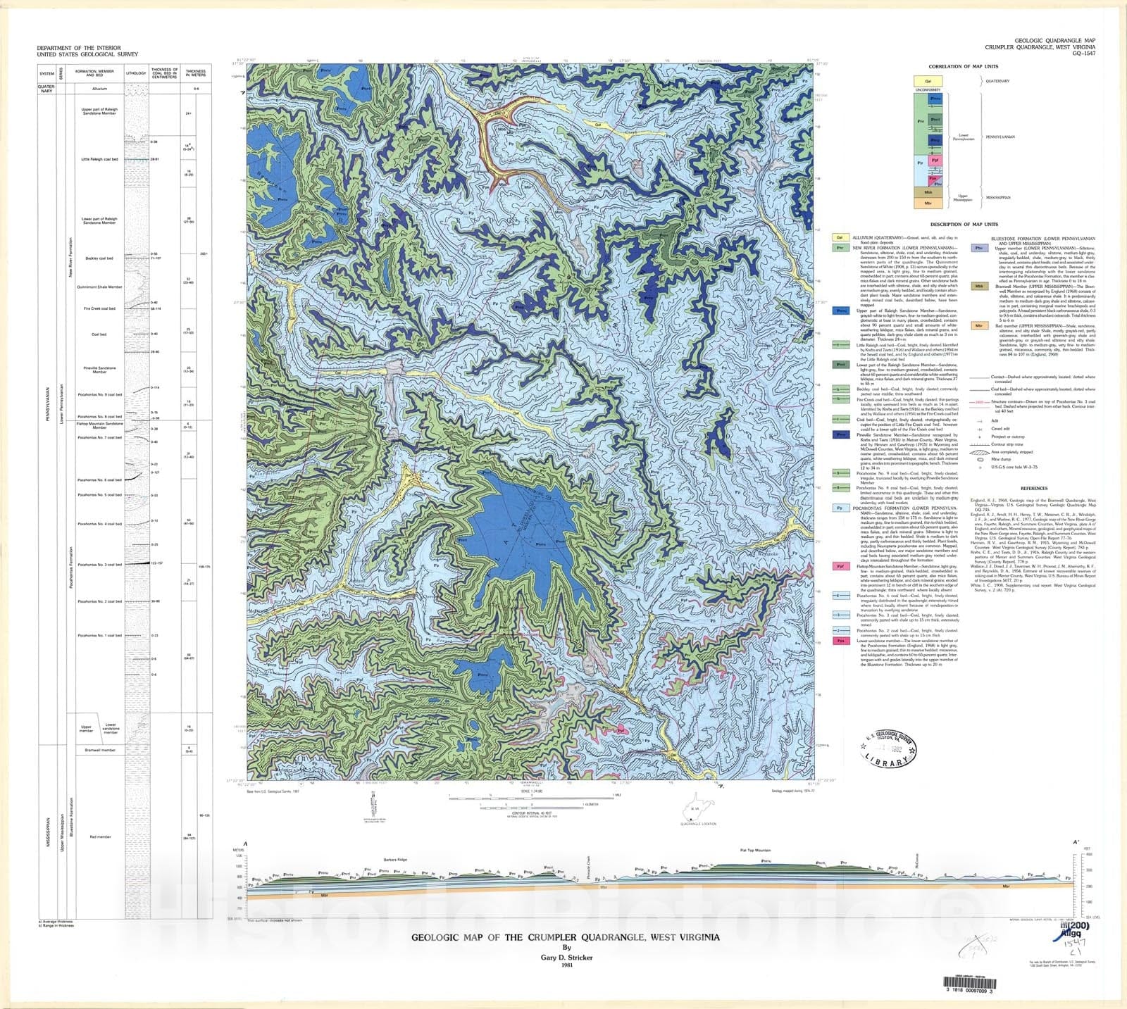 Map : Geologic map of the Crumpler quadrangle, West Virginia, 1981 Cartography Wall Art :