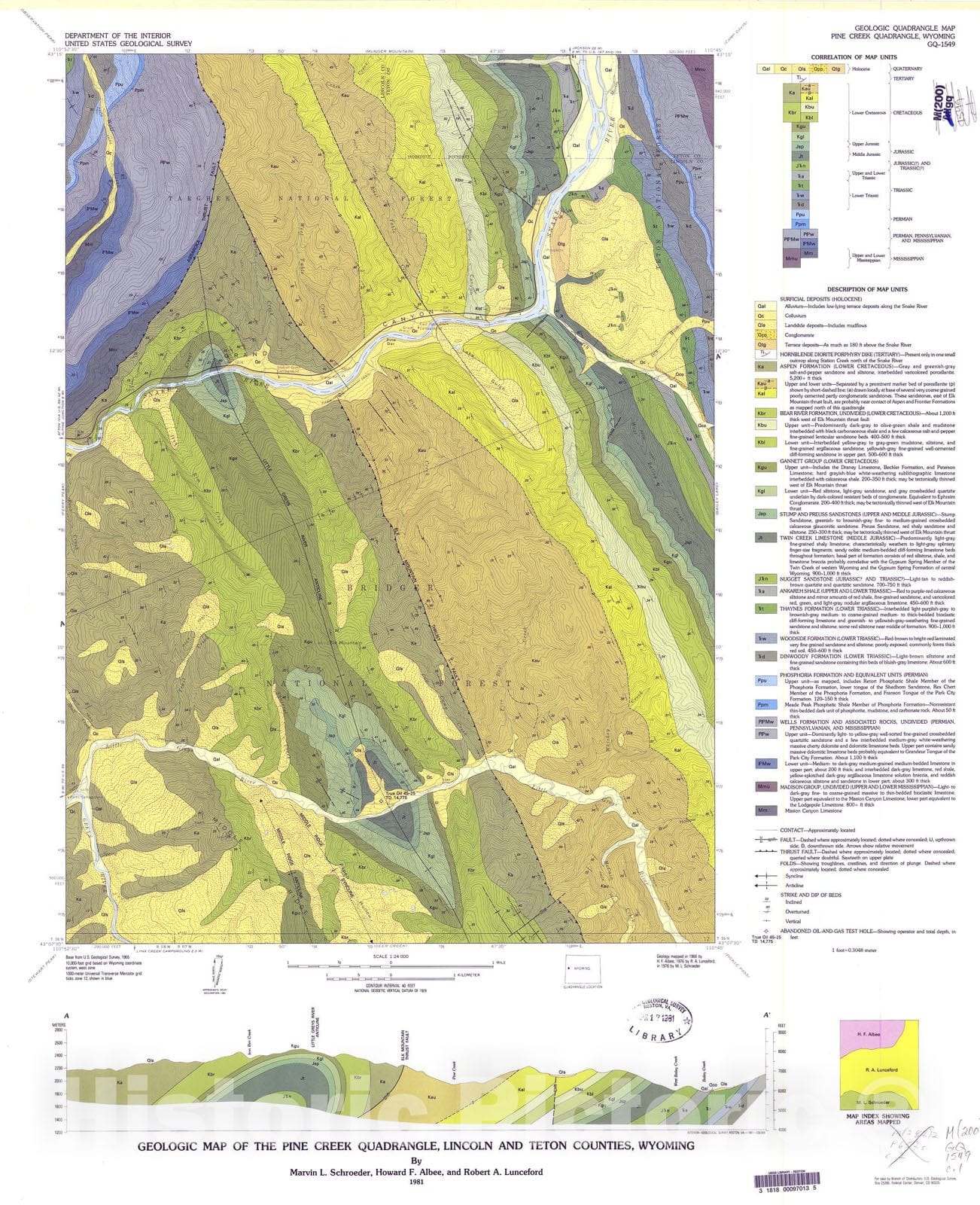 Map : Geologic map of the Pine Creek quadrangle, Lincoln and Teton Counties, Wyoming, 1981 Cartography Wall Art :