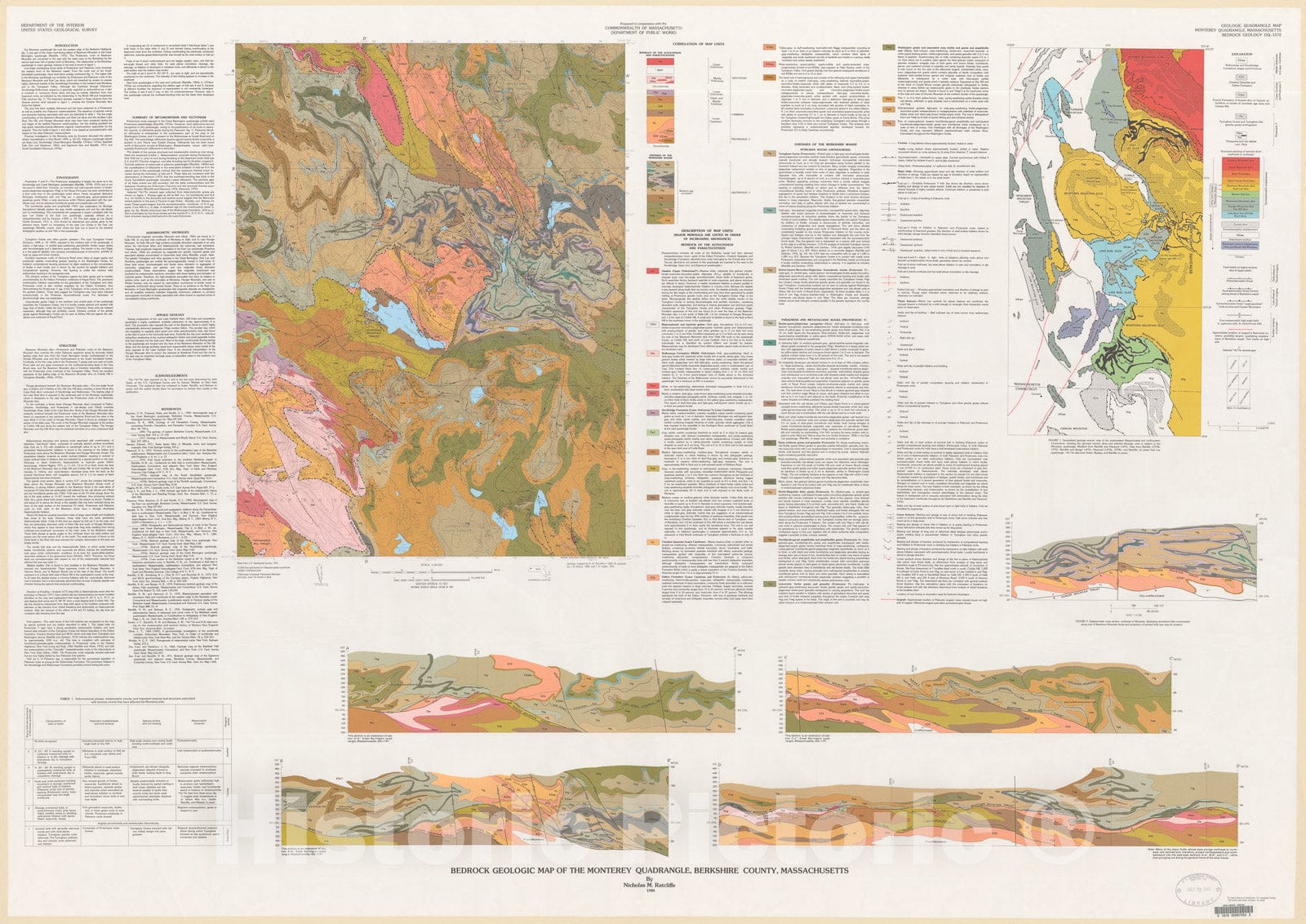 Map : Bedrock geologic map of the Monterey quadrangle, Berkshire County, Massachusetts, 1984 Cartography Wall Art :