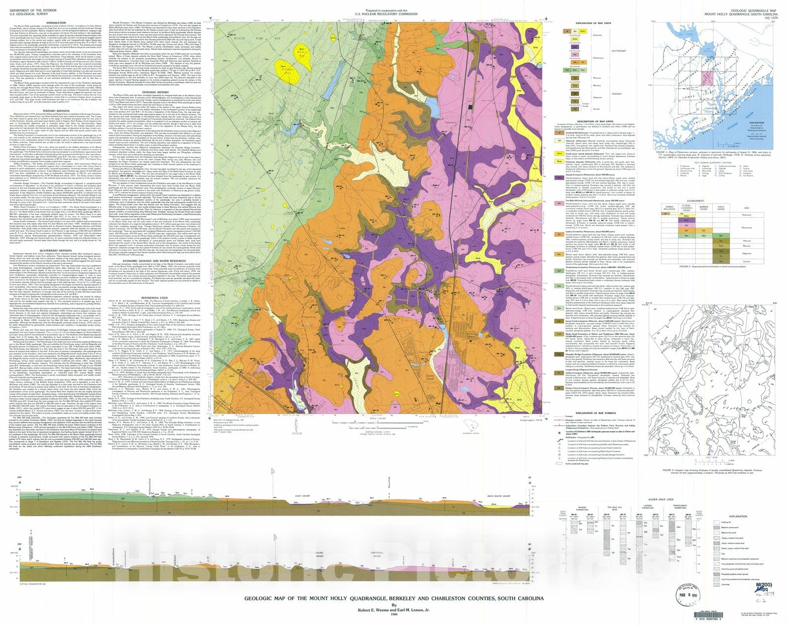 Map : Geologic map of the Mount Holly quadrangle, Berkeley and Charleston Counties, South Carolina, 1984 Cartography Wall Art :