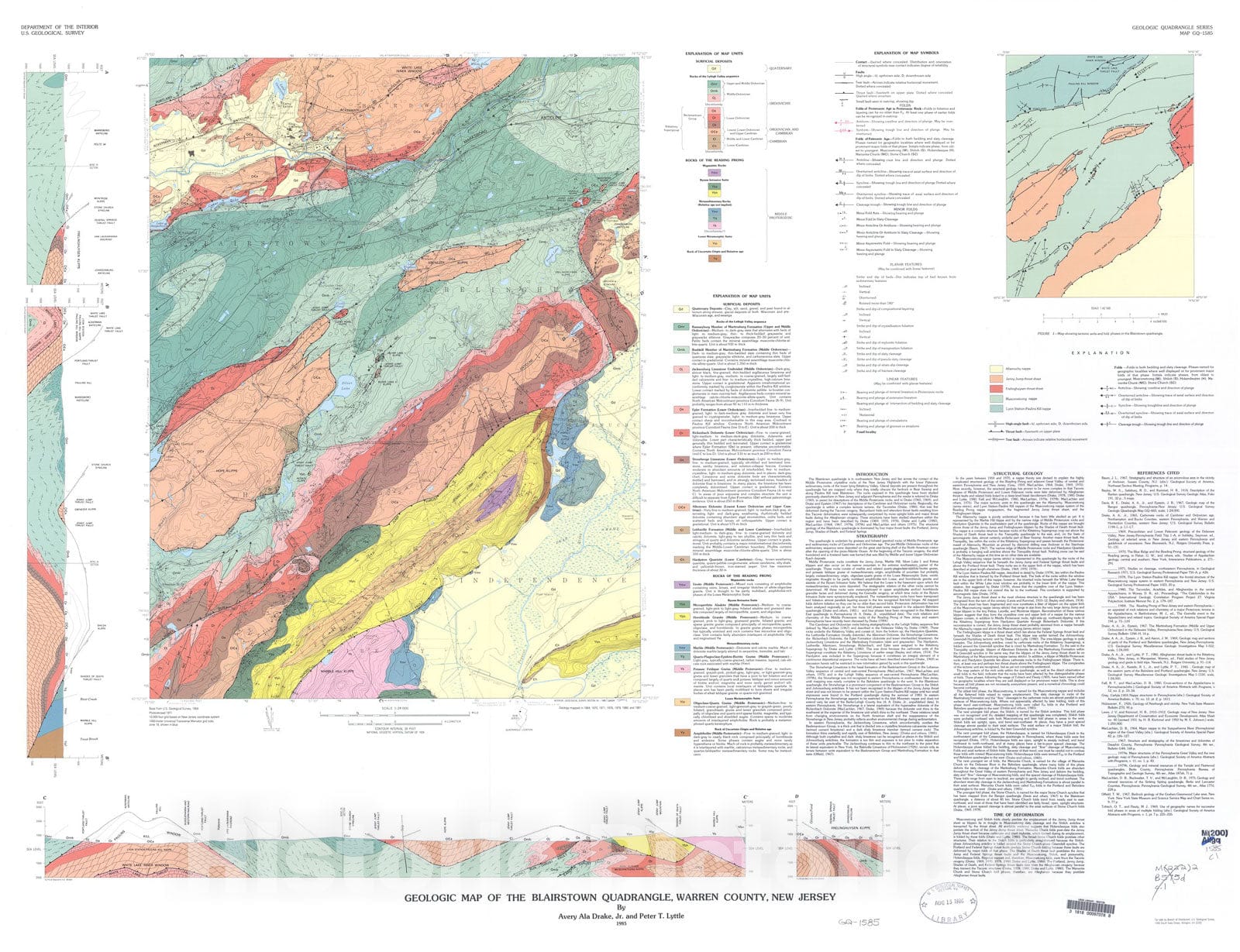 Map : Geologic map of the Blairstown quadrangle, Warren County, New Jersey, 1985 Cartography Wall Art :