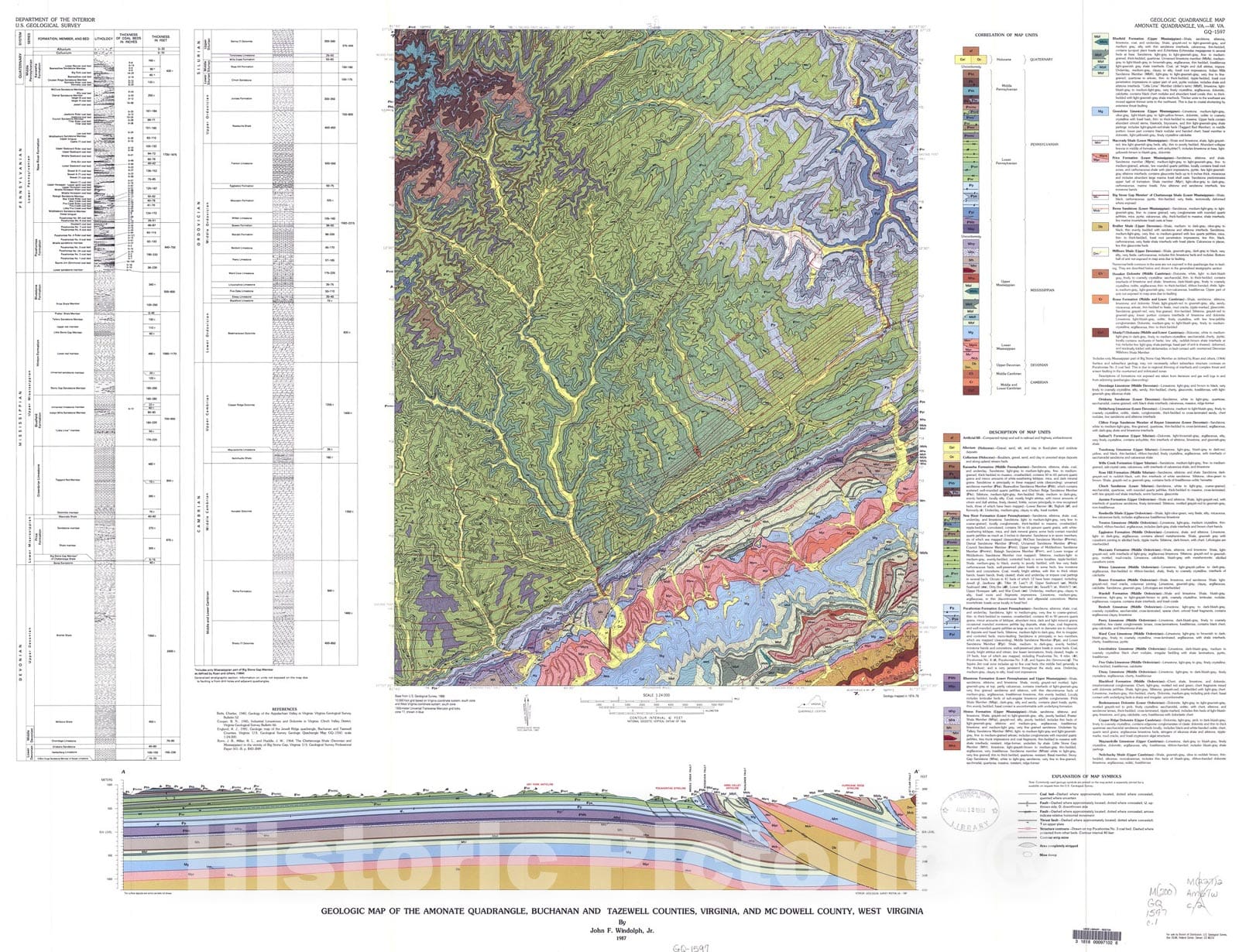 Map : Geologic map of the Amonate quadrangle, Buchanan and Tazewell Counties, Virginia, and McDowell County, West Virginia, 1987 Cartography Wall Art :