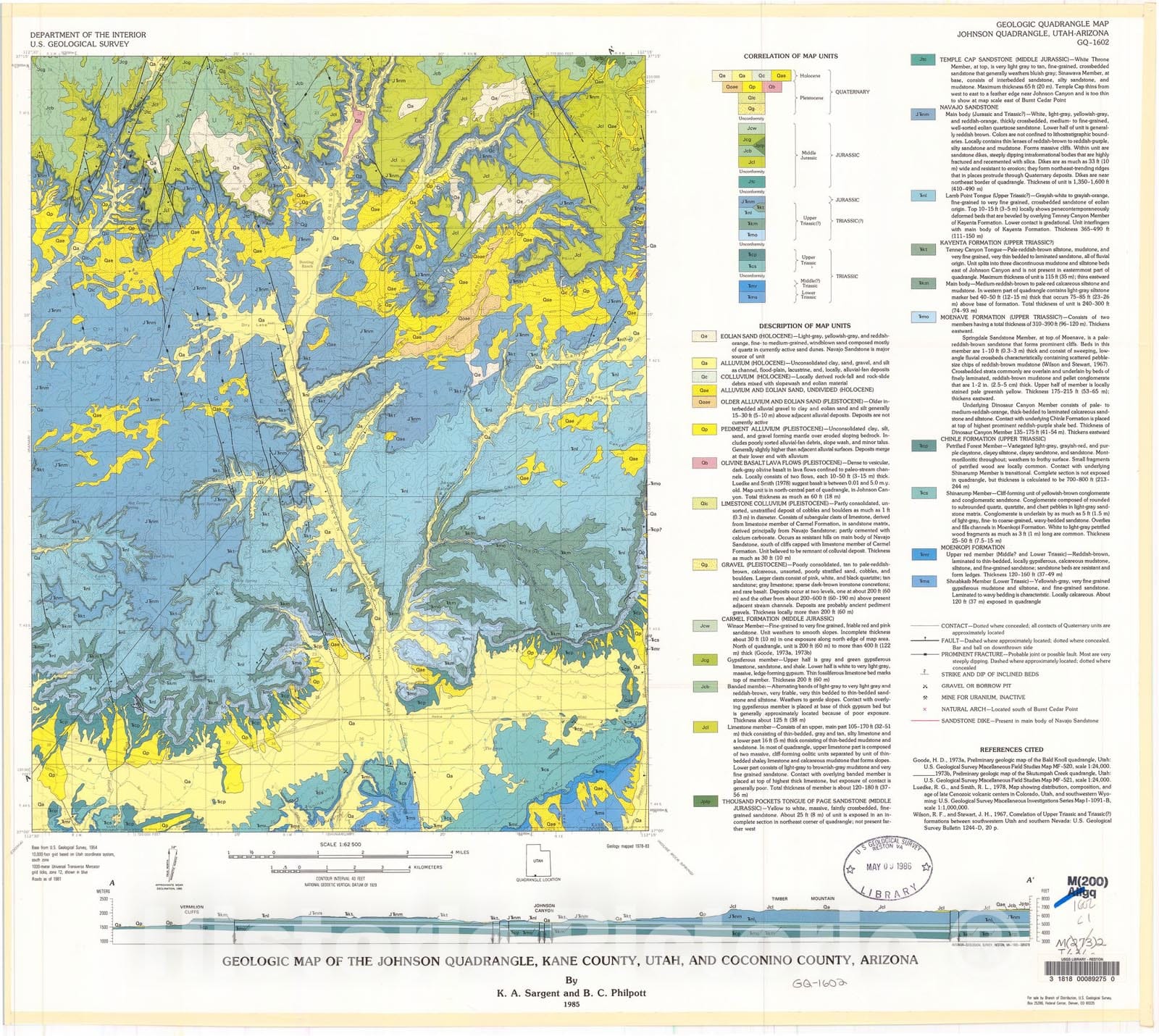 Map : Geologic map of the Johnson quadrangle, Kane County, Utah, and Coconino County, Arizona, 1985 Cartography Wall Art :