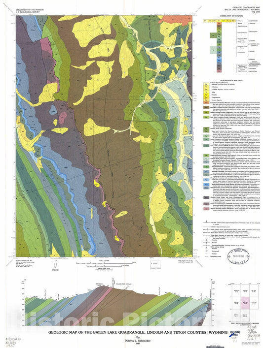 Map : Geologic map of the Bailey Lake quadrangle, Lincoln and Teton Counties, Wyoming, 1987 Cartography Wall Art :