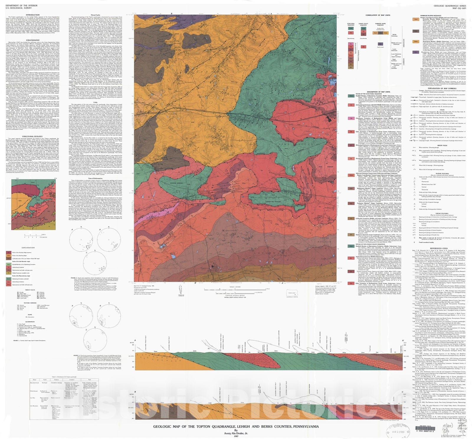 Map : Geologic map of the Topton quadrangle, Lehigh and Berks Counties, Pennsylvania, 1987 Cartography Wall Art :