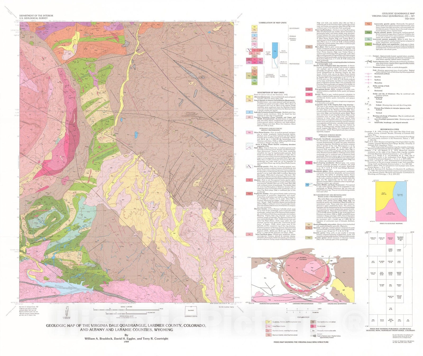 Map : Geologic map of the Virginia Dale quadrangle, Larimer County, Colorado, and Albany and Laramie Counties, Wyoming, 1989 Cartography Wall Art :