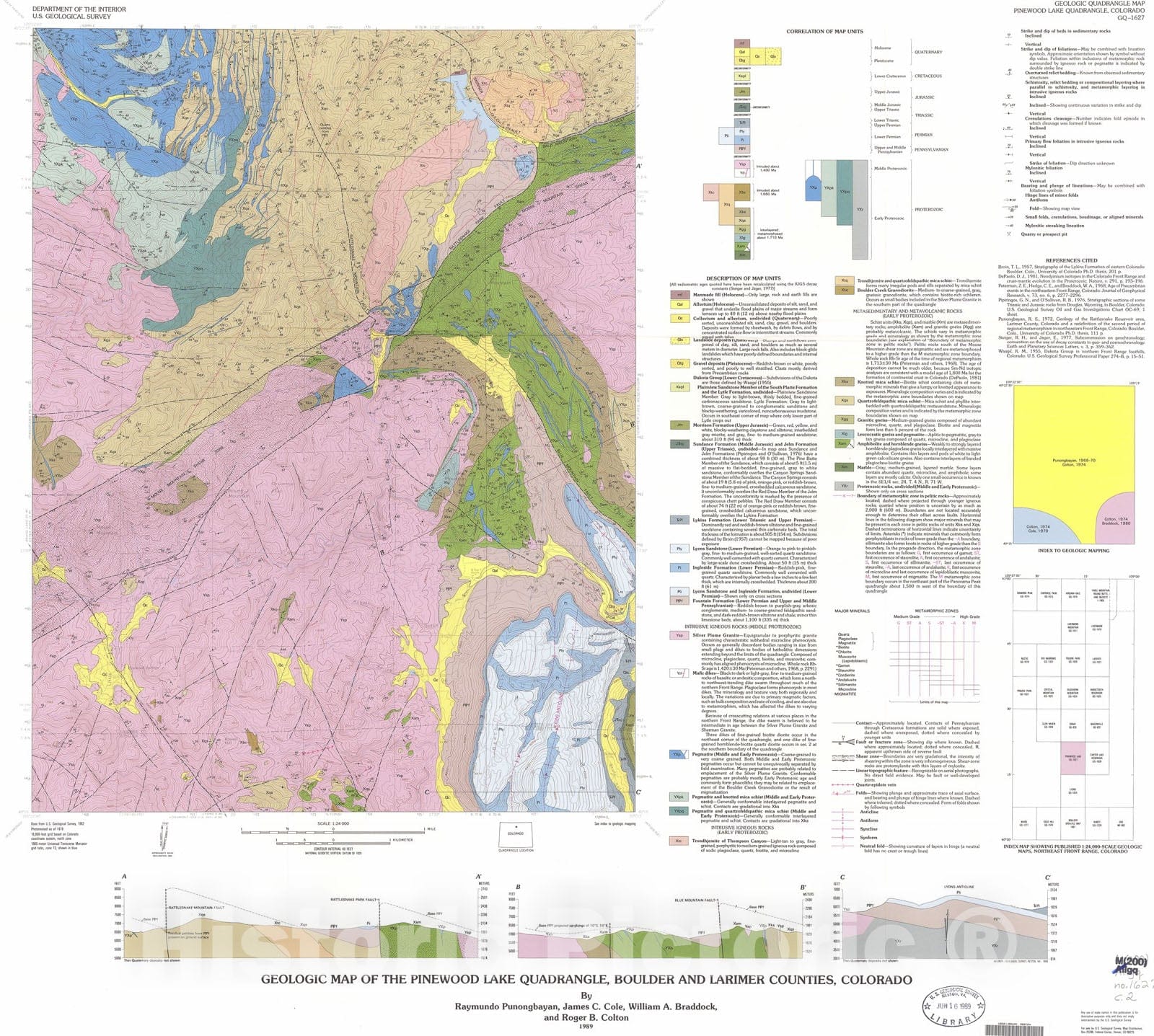 Map : Geologic map of the Pinewood Lake quadrangle, Boulder and Larimer Counties, Colorado, 1989 Cartography Wall Art :