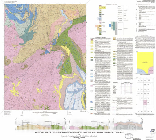 Map : Geologic map of the Pinewood Lake quadrangle, Boulder and Larimer Counties, Colorado, 1989 Cartography Wall Art :