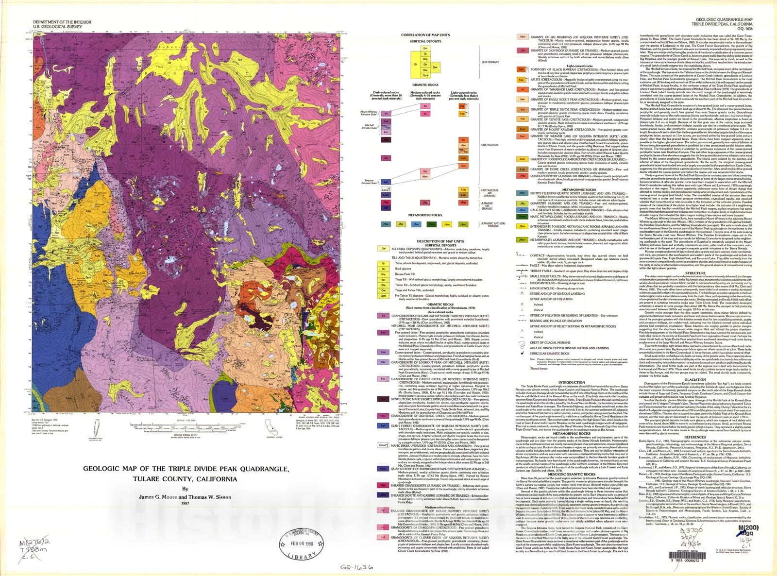 Map : Geologic map of the Triple Divide Peak quadrangle, Tulare County, California, 1987 Cartography Wall Art :