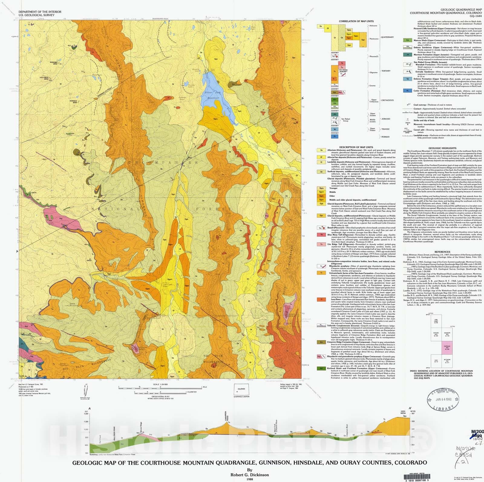 Map : Geologic map of the Courthouse Mountain quadrangle, Gunnison, Hinsdale, and Ouray Counties, Colorado, 1988 Cartography Wall Art :