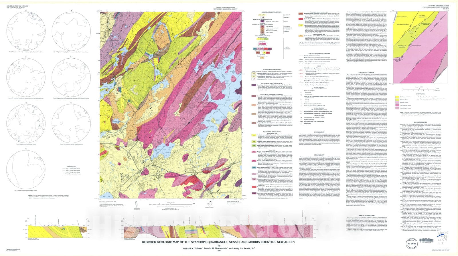 Map : Bedrock geologic map of the Stanhope quadrangle, Sussex and Morris Counties, New Jersey, 1989 Cartography Wall Art :